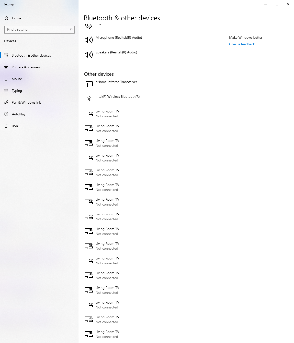 TCL TV repeating 135 times in Bluetooth and Other Devices section on
