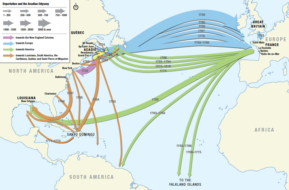 Map of where the Acadians went after the Grand Dérangement Xpost r/CajunHistory [1004 x 661