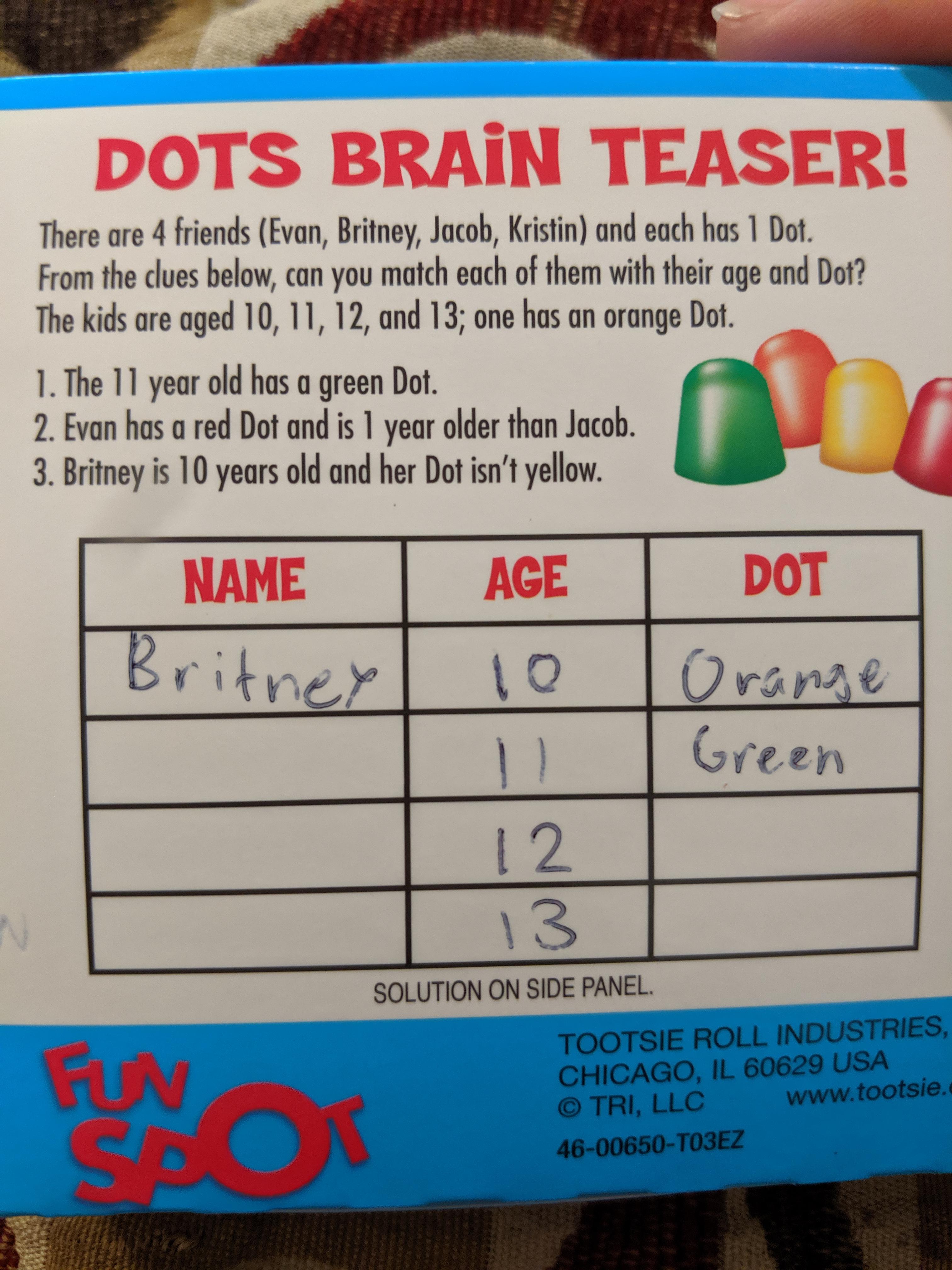 This puzzle is on the back of my tropical dots box, and the solution