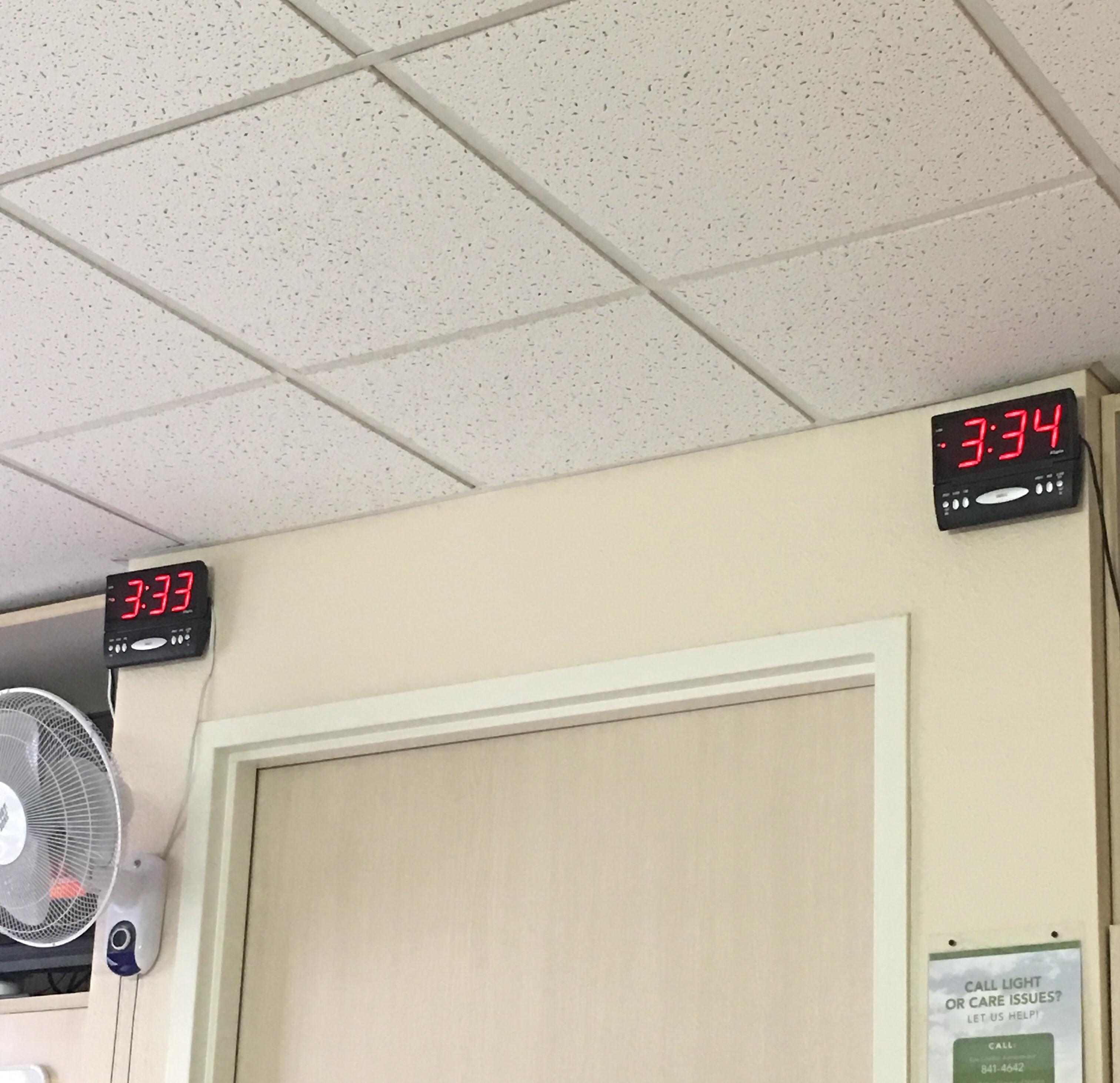 The clocks in this shared hospital room r/mildlyinfuriating