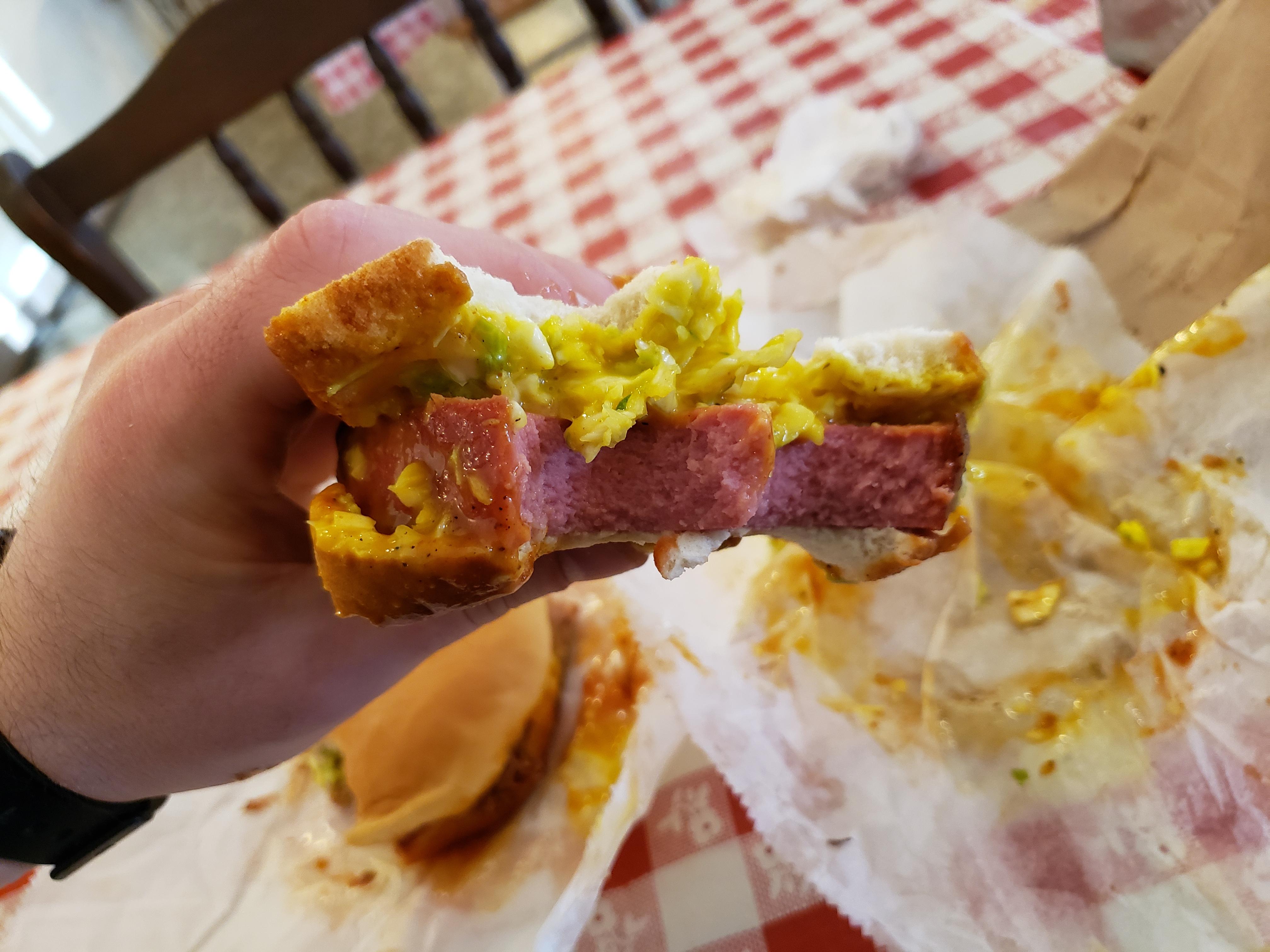 [I Ate] Smoked Bologna Sandwich with Mustard Slaw and Hot BarBQue