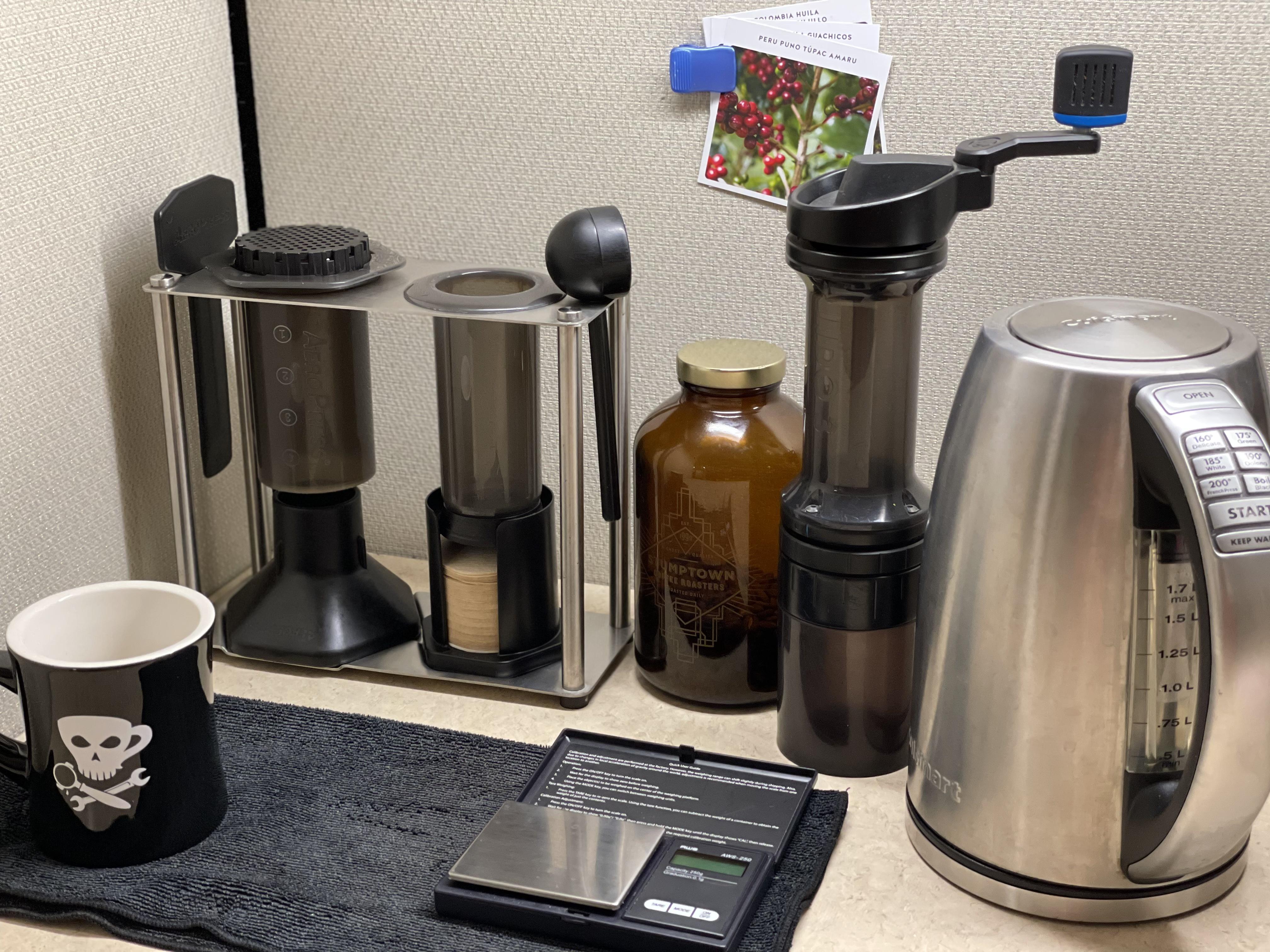 Aeropress, Orphan Espresso Lido 3 hand grinder, Cuisinart electric