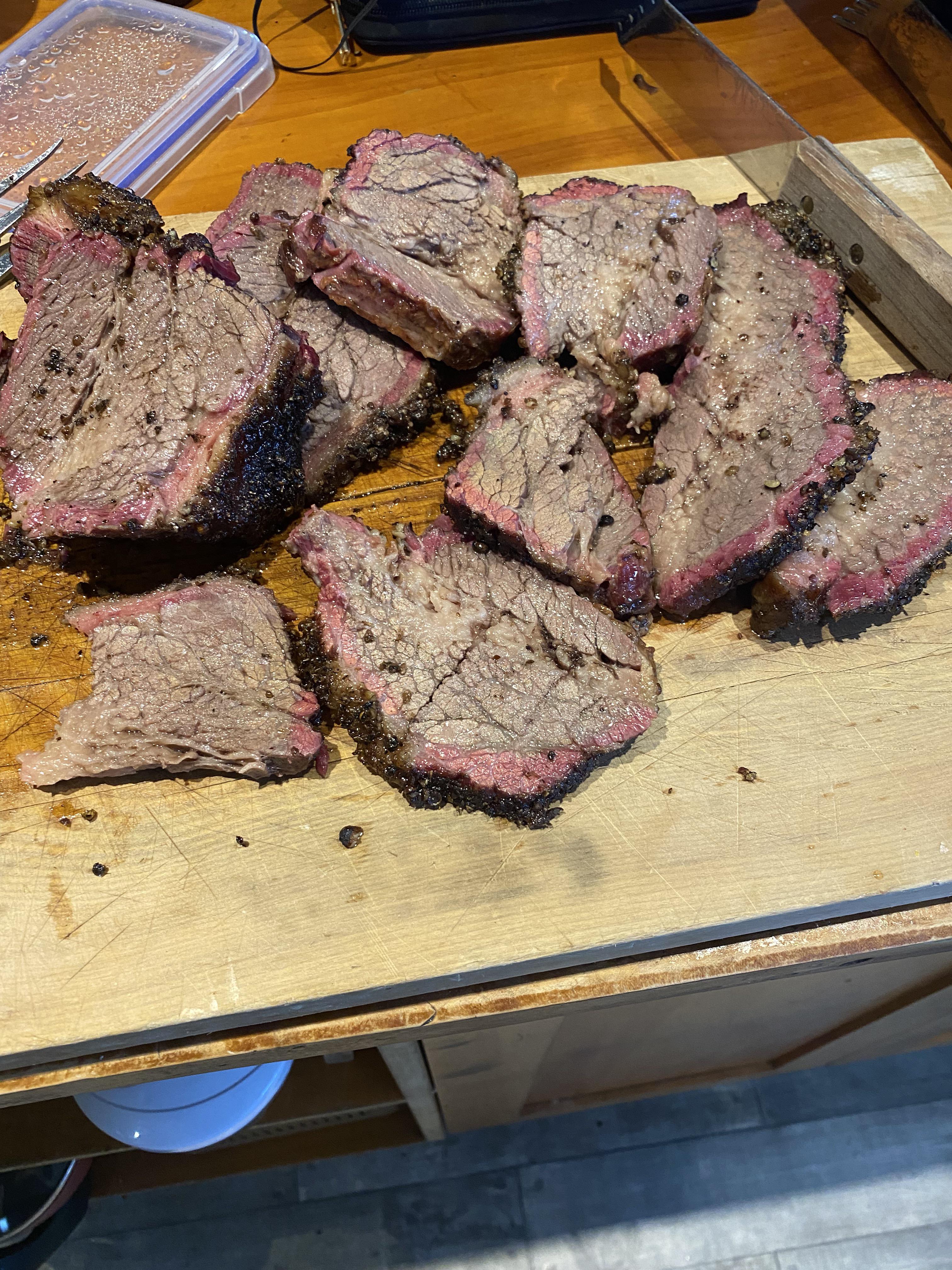 Smoked pastrami for the first time today. Soaked in wet brine for 4