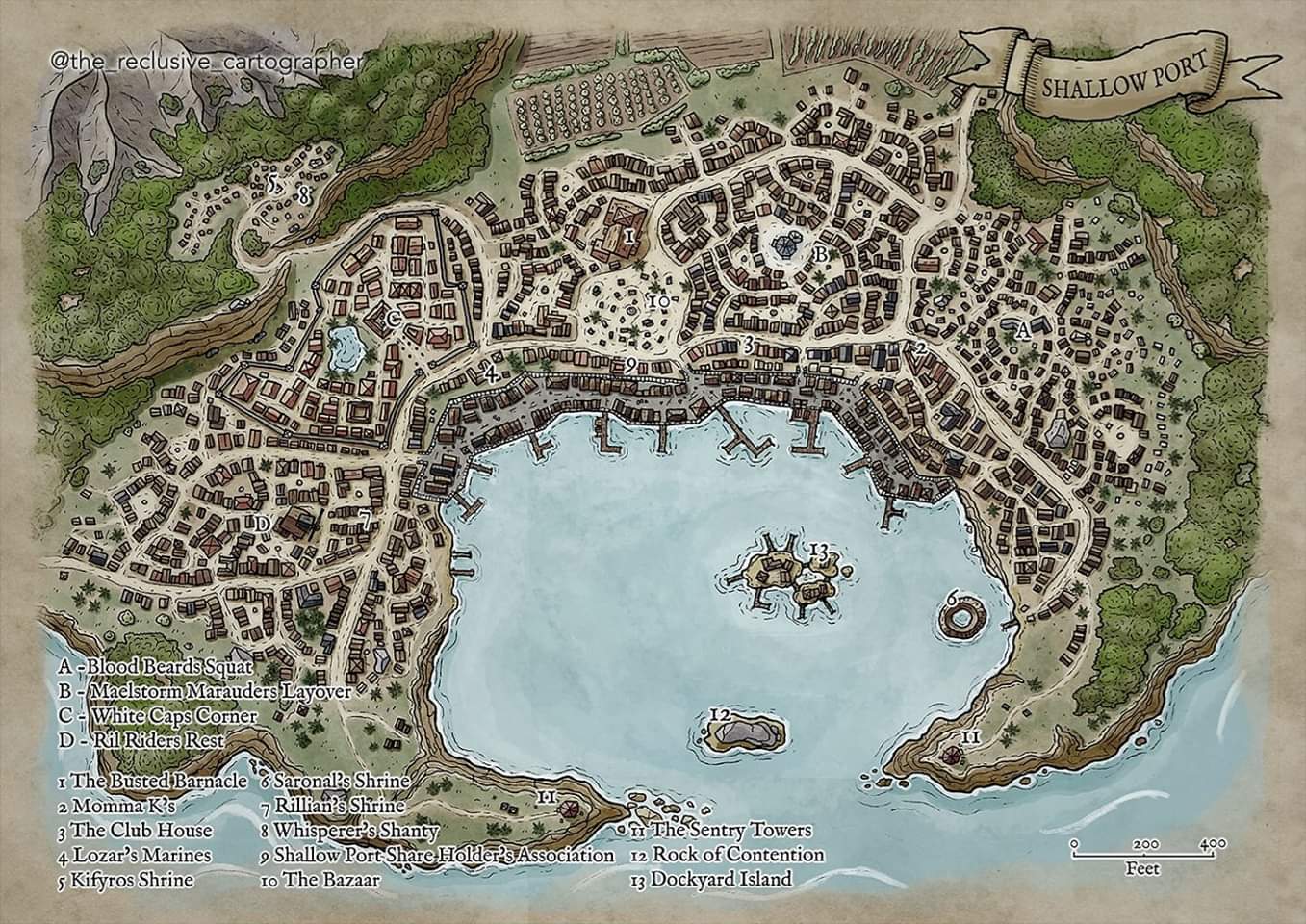 [Settlement Map] The pirate haven of Shallow Port. Hand drawn and