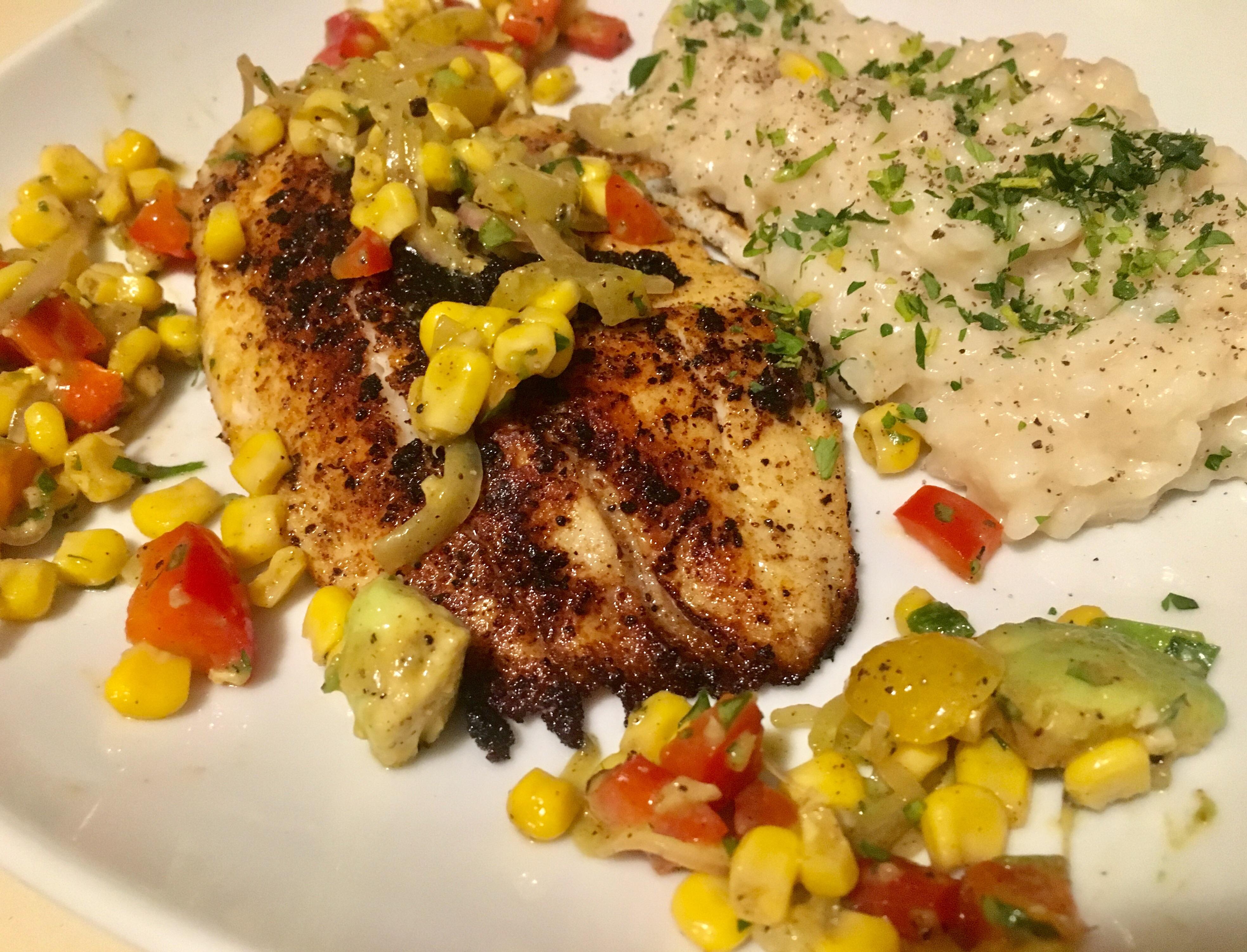 [Homemade] Blackened halibut with lime cilantro corn salad and parmesan