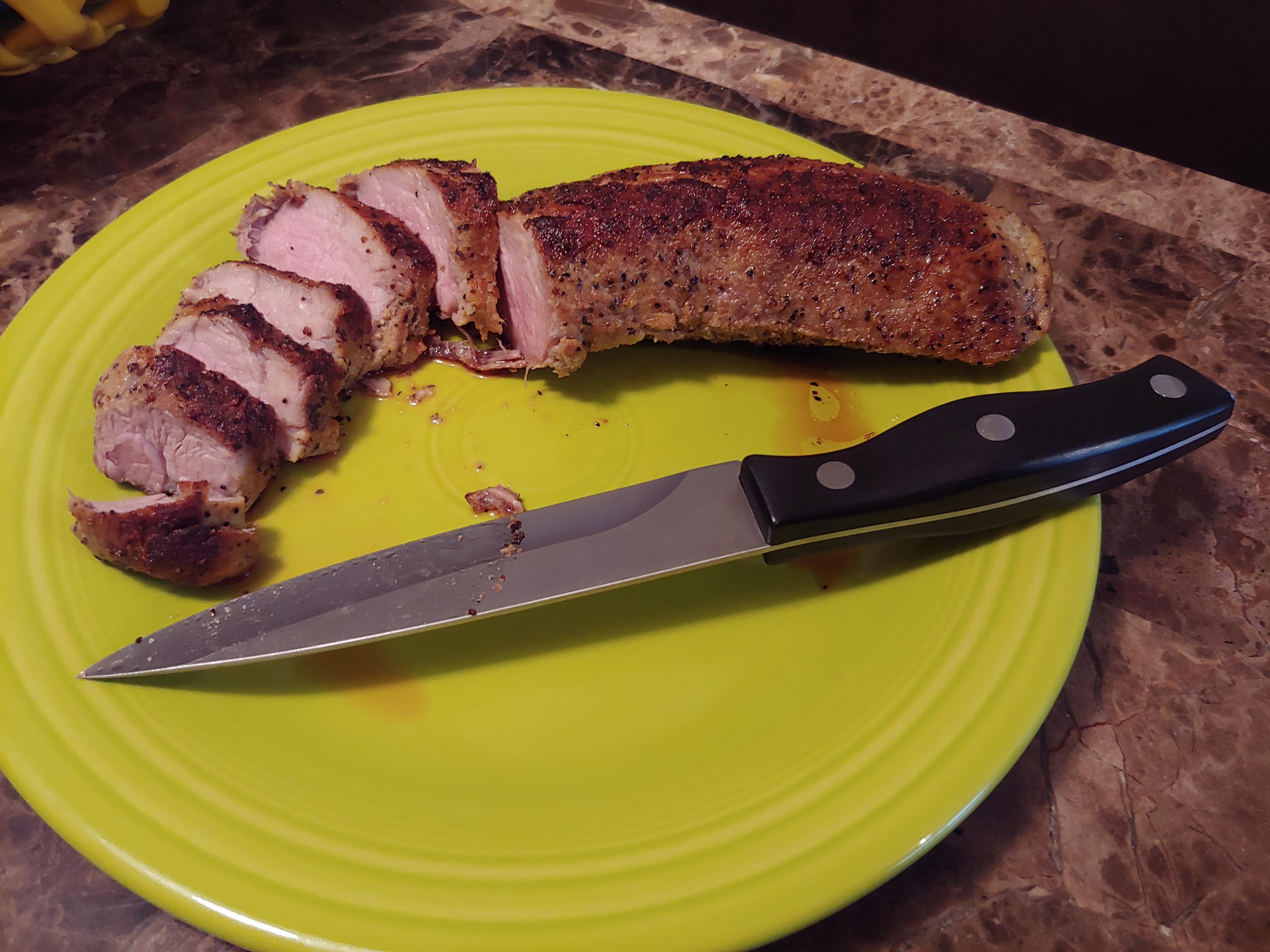 Lemon Pepper Pork Tenderloin 140F 2.5 hours (from frozen) seared to a perfect crust in my