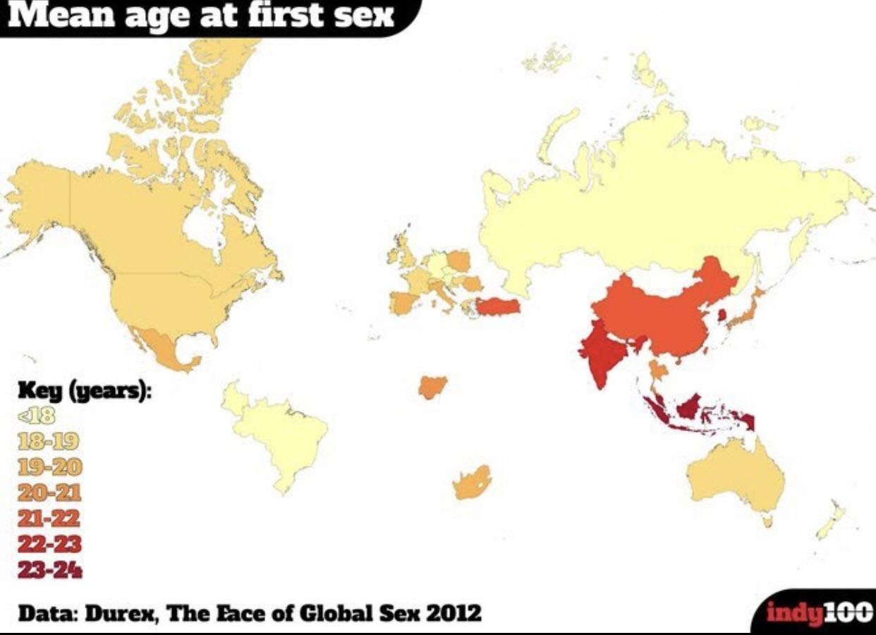 Mean age at first sex. MapPorn