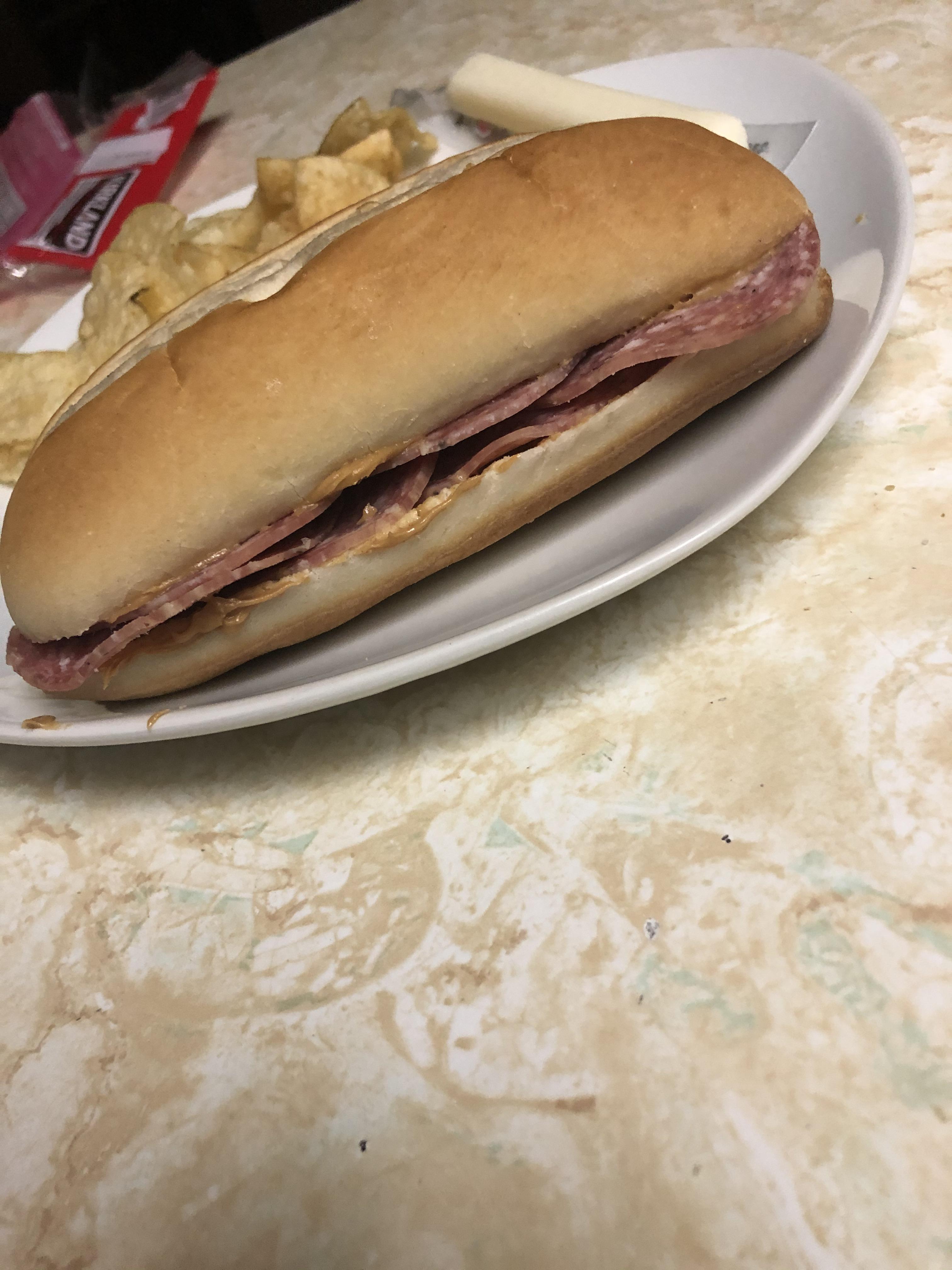 Salami and peanut butter on French. Simple, easy, and good r