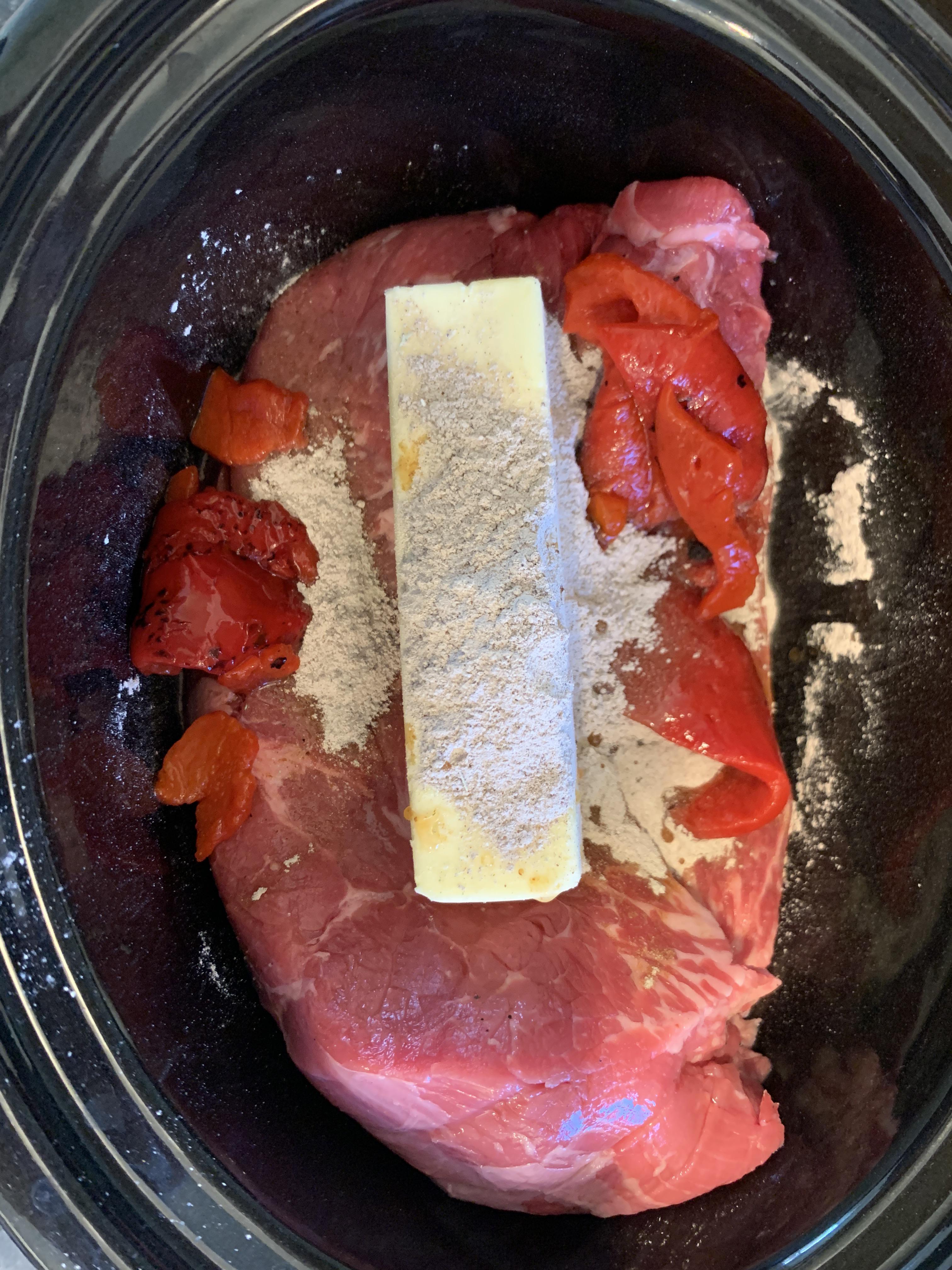Italian style Mississippi pot roast. Subbed roasted red peppers instead
