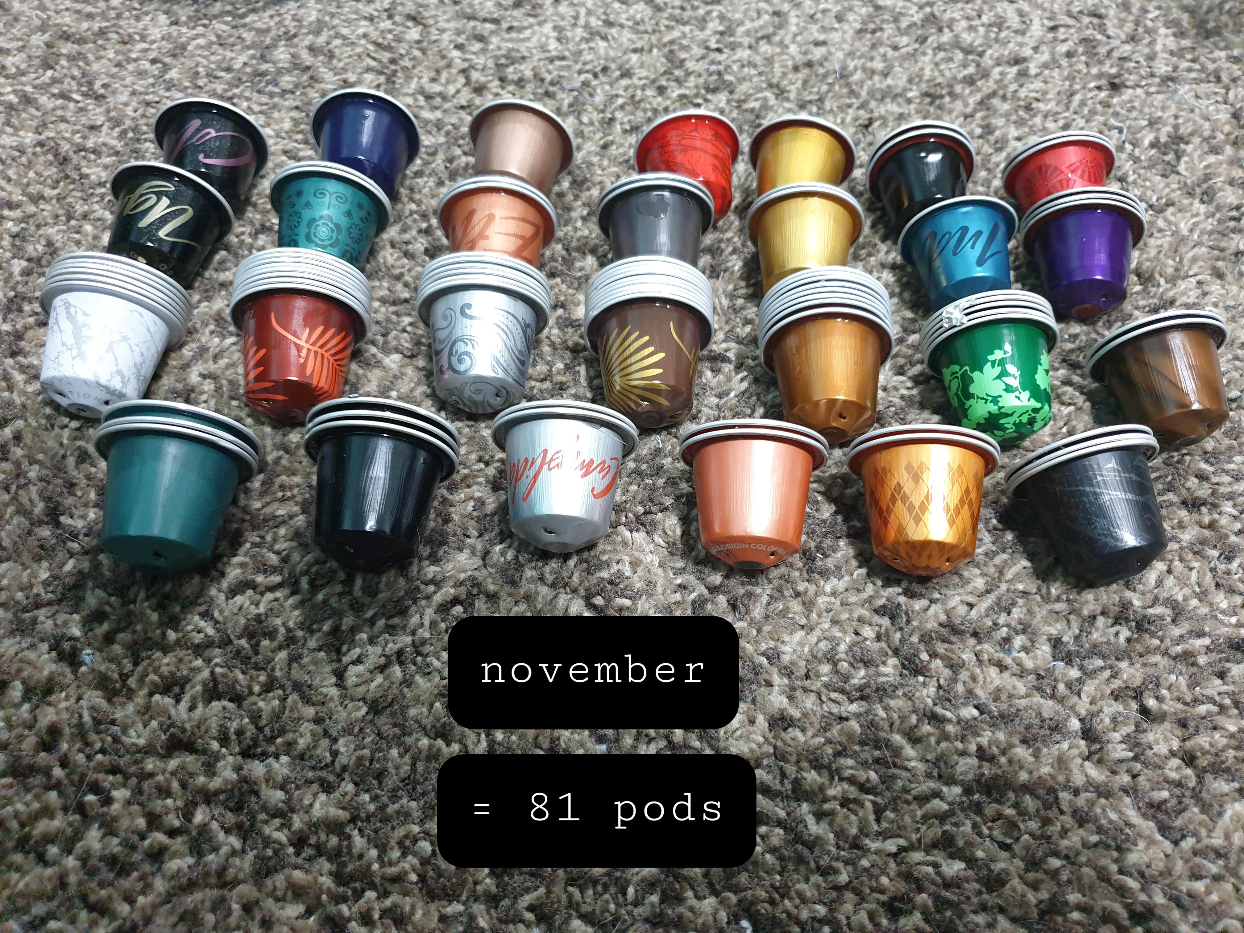 Pods used in November. 81 pods (27 type) in total for 2 pax. Coffee
