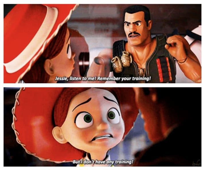 In Toy Story of Terror! (2013) Combat Carl tells Jessie to remember her