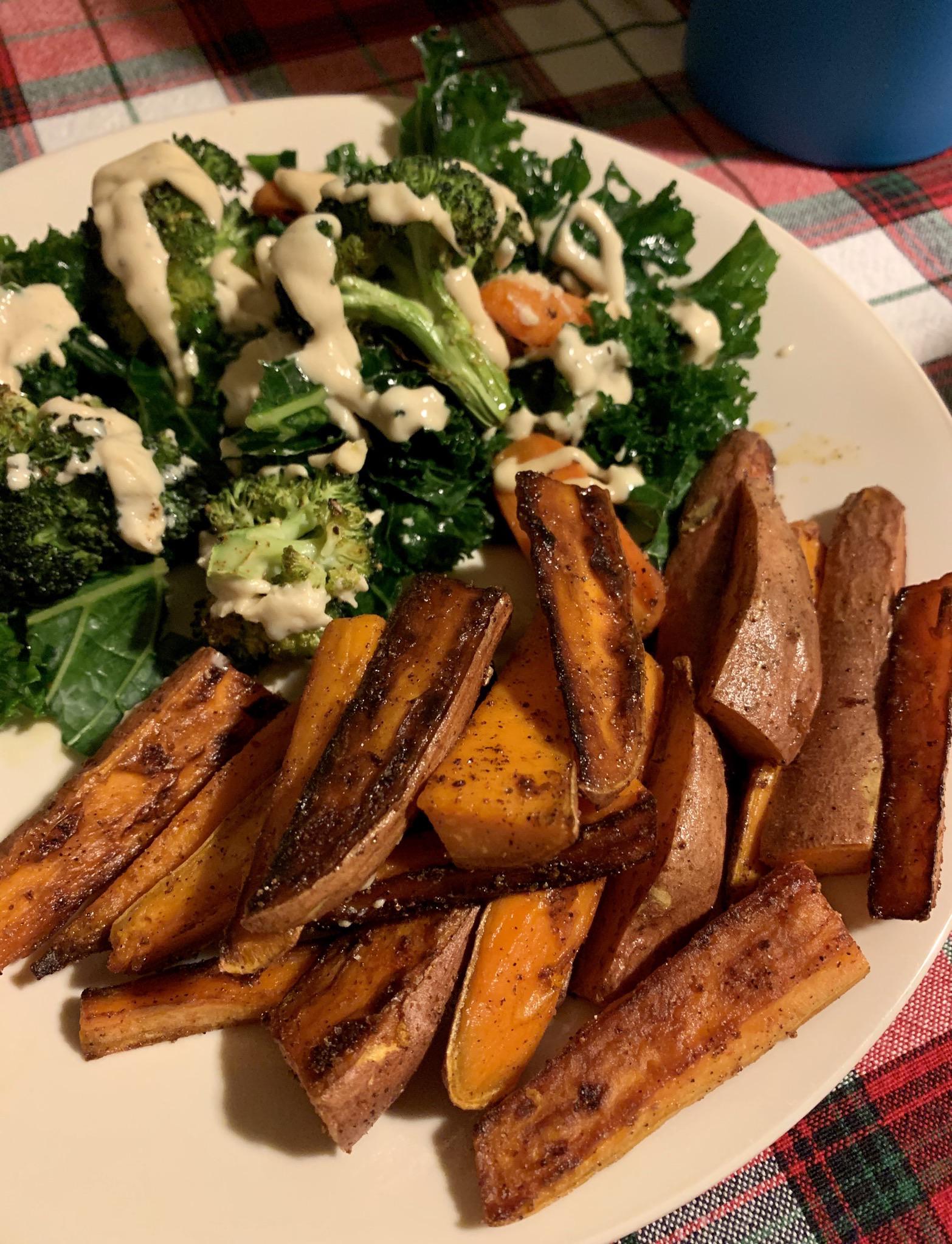 Fried sweet potato and a roasted veg salad w/ tahini dressing r