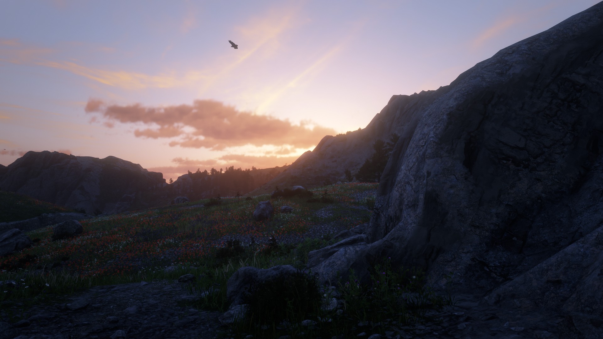 [1920x1080] Eagle flying over a mountain range (RDR2 Screenshot) r