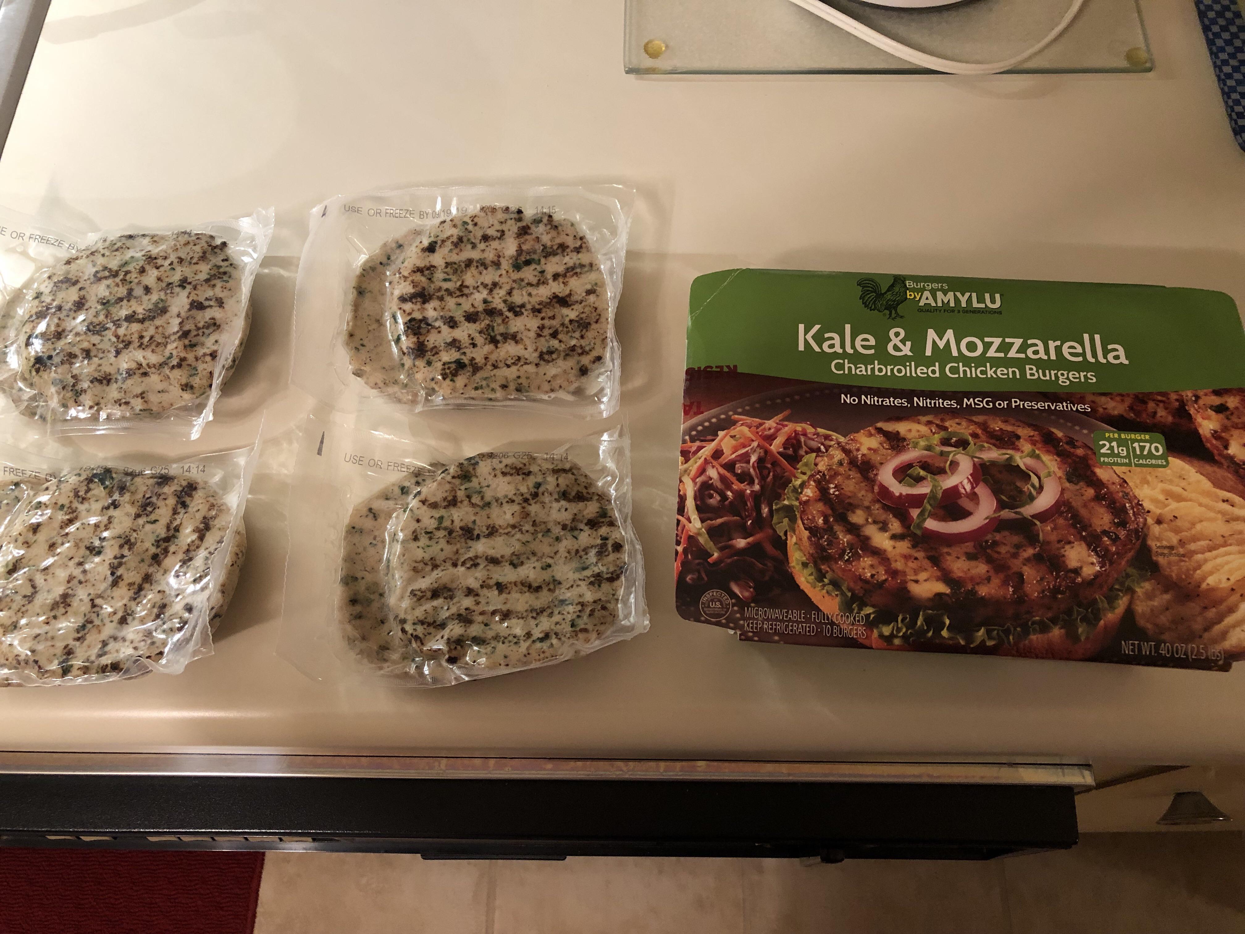 Found these Kale & Mozzarella Chicken Burgers at Costco. Came with 5