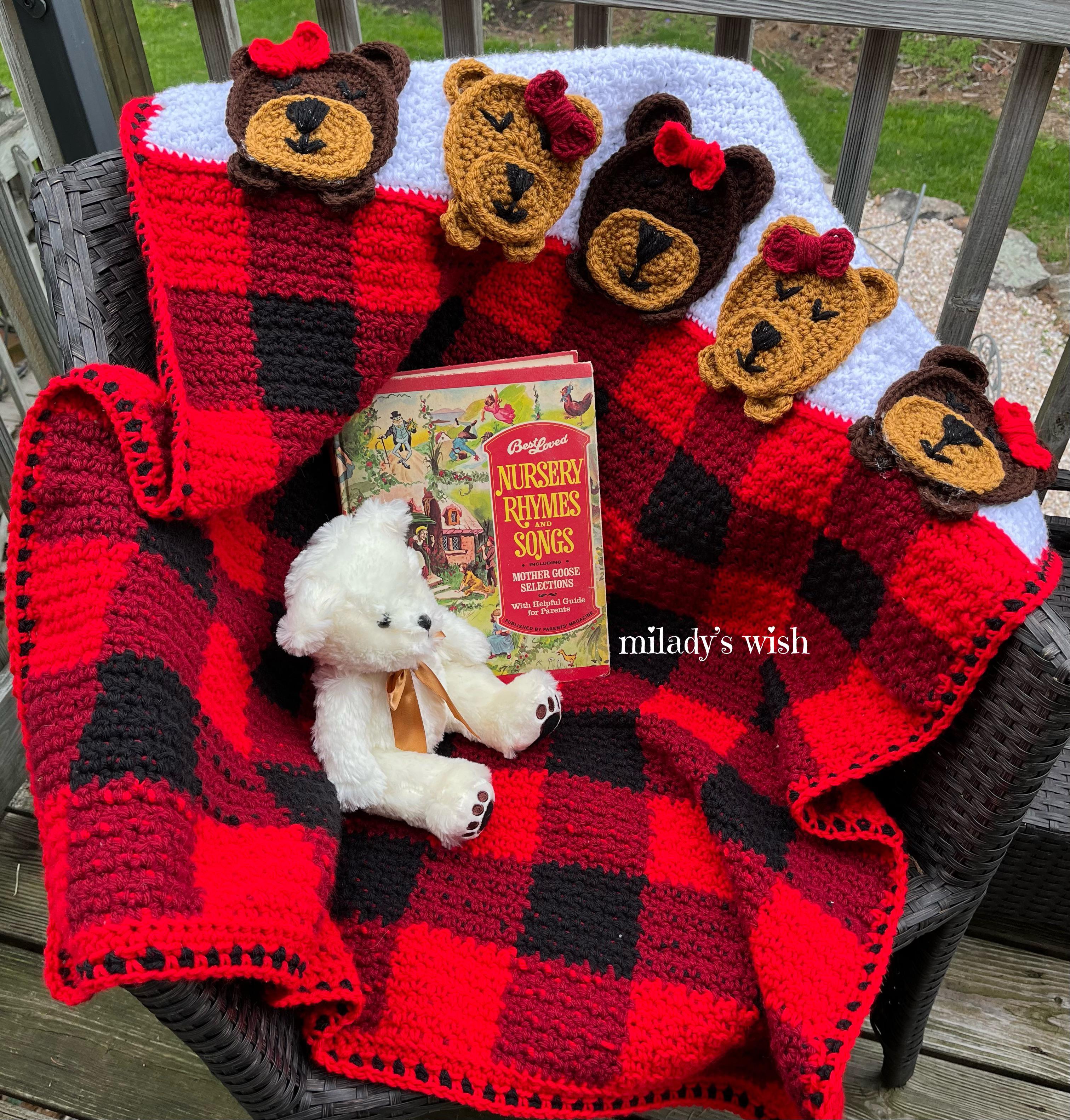Sleep Tight Teddy Bear blanket in buffalo plaid r/crochet