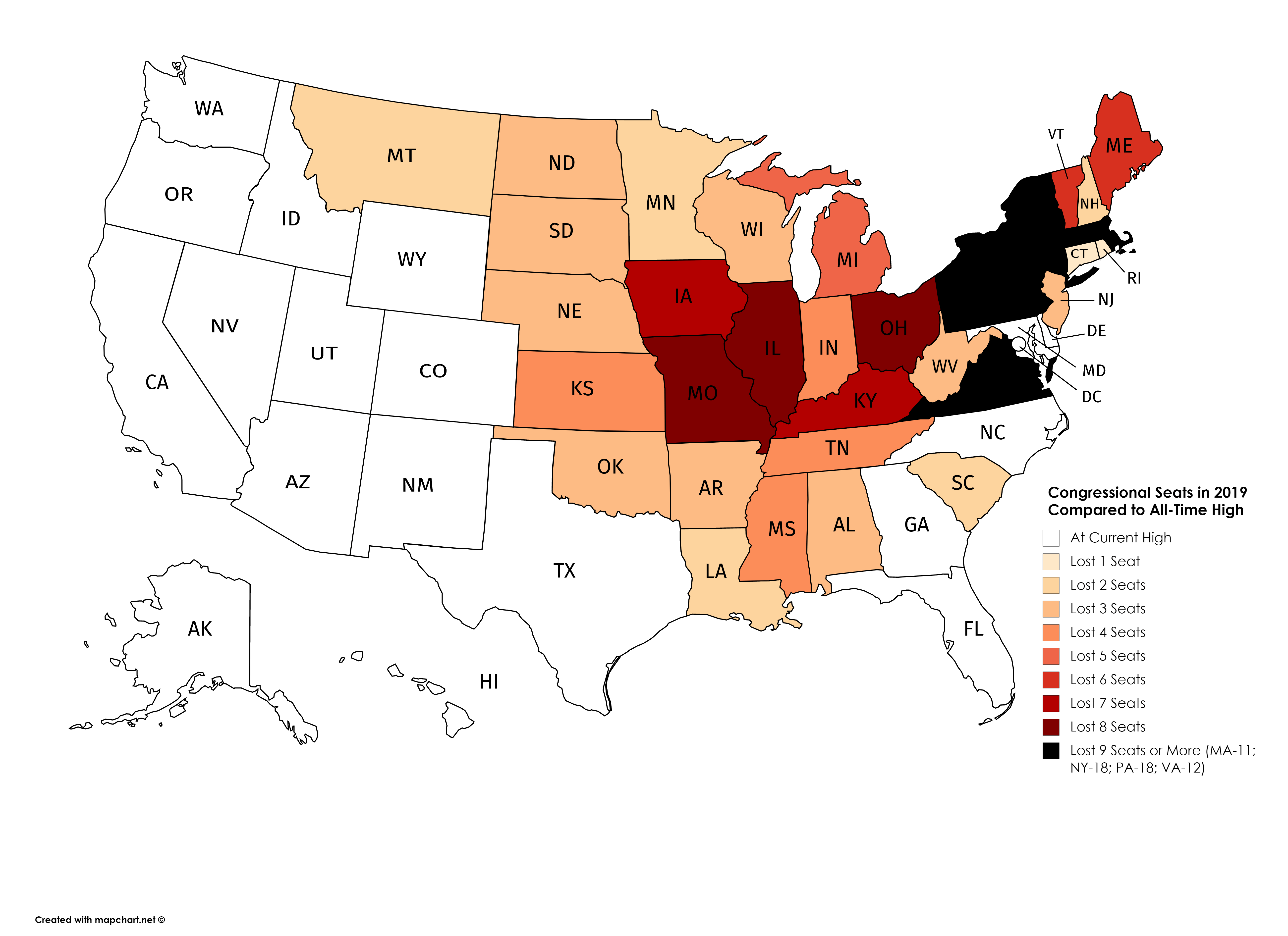 Congressional Seats lost per State from their AllTime High. r/MapPorn