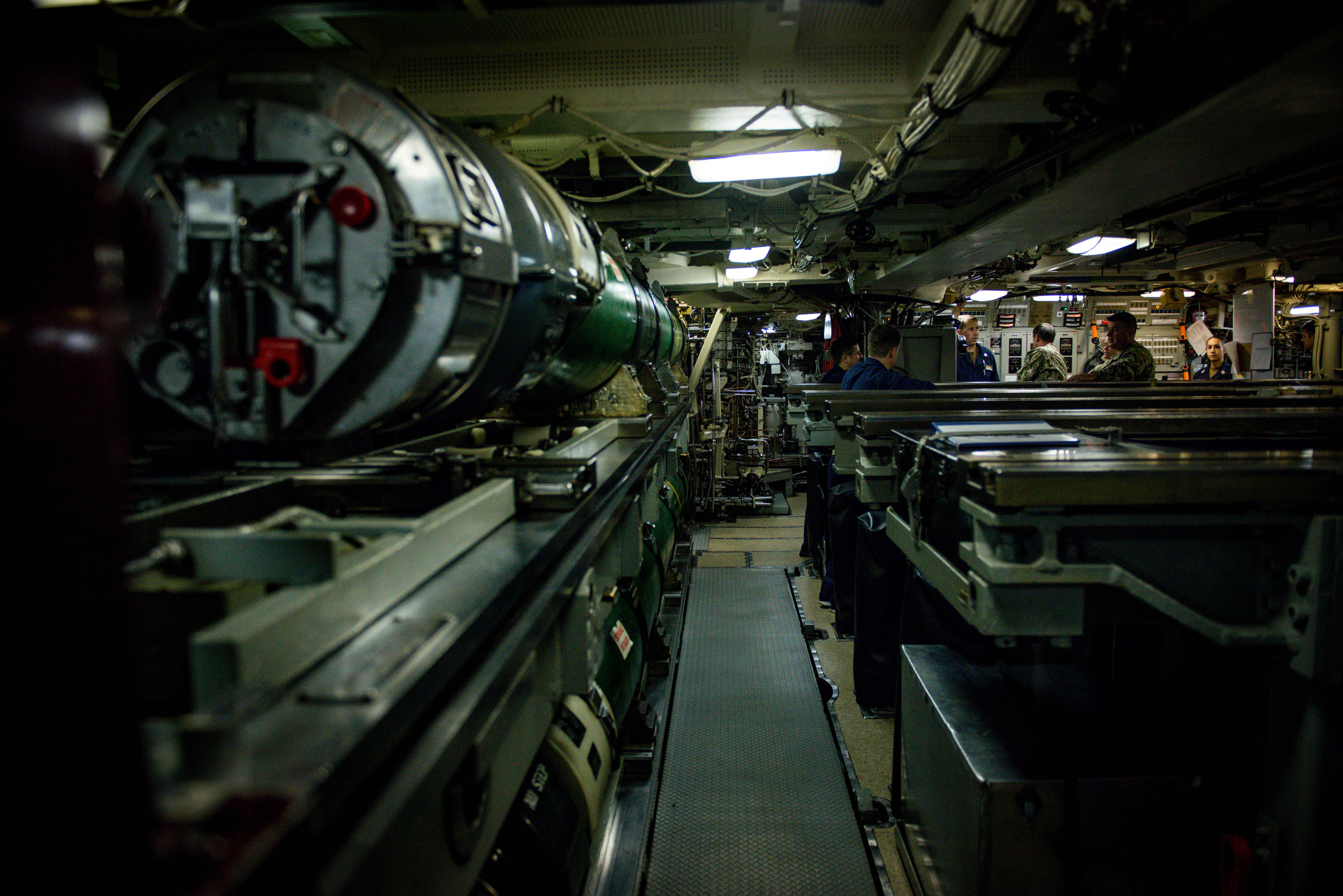 Torpedo room of USS Florida (SSGN728), during an embark somewhere in