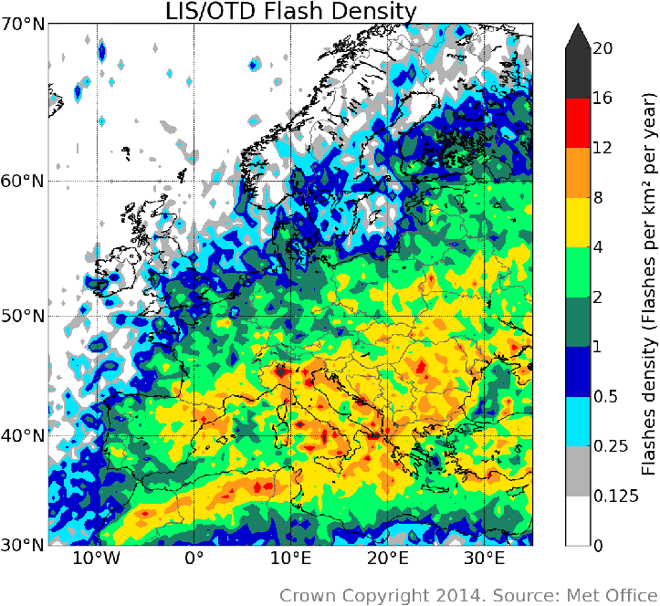 Map of average lighting strikes in Europe europe