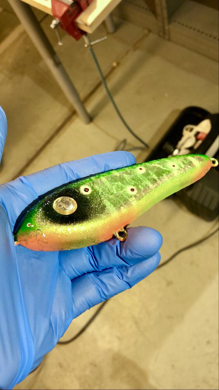 Finally finished a lure I carved and used markers and paintpens on. I