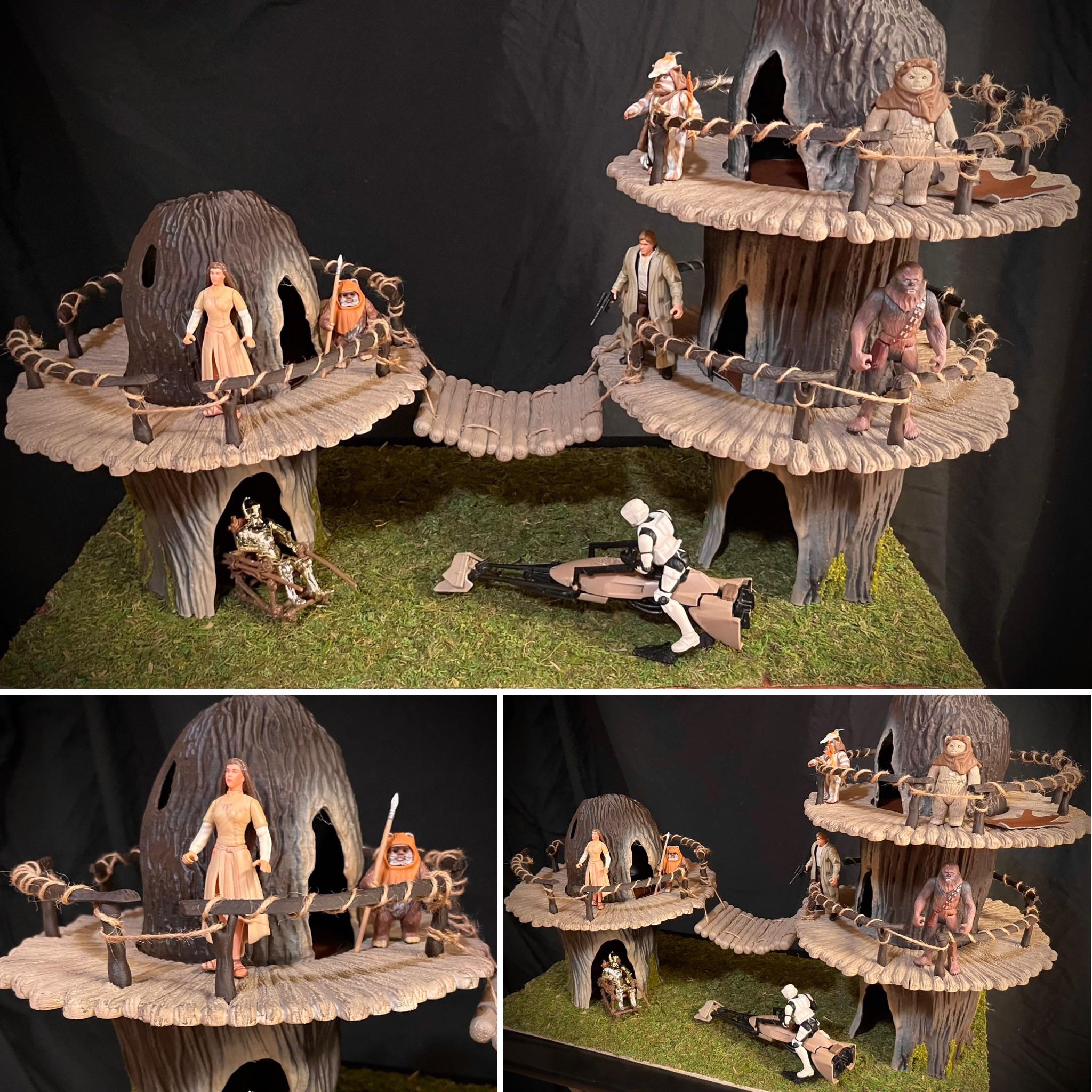 I created an Ewok Village Playset. 3D Printing, Acrylic, Airbrush, Wood