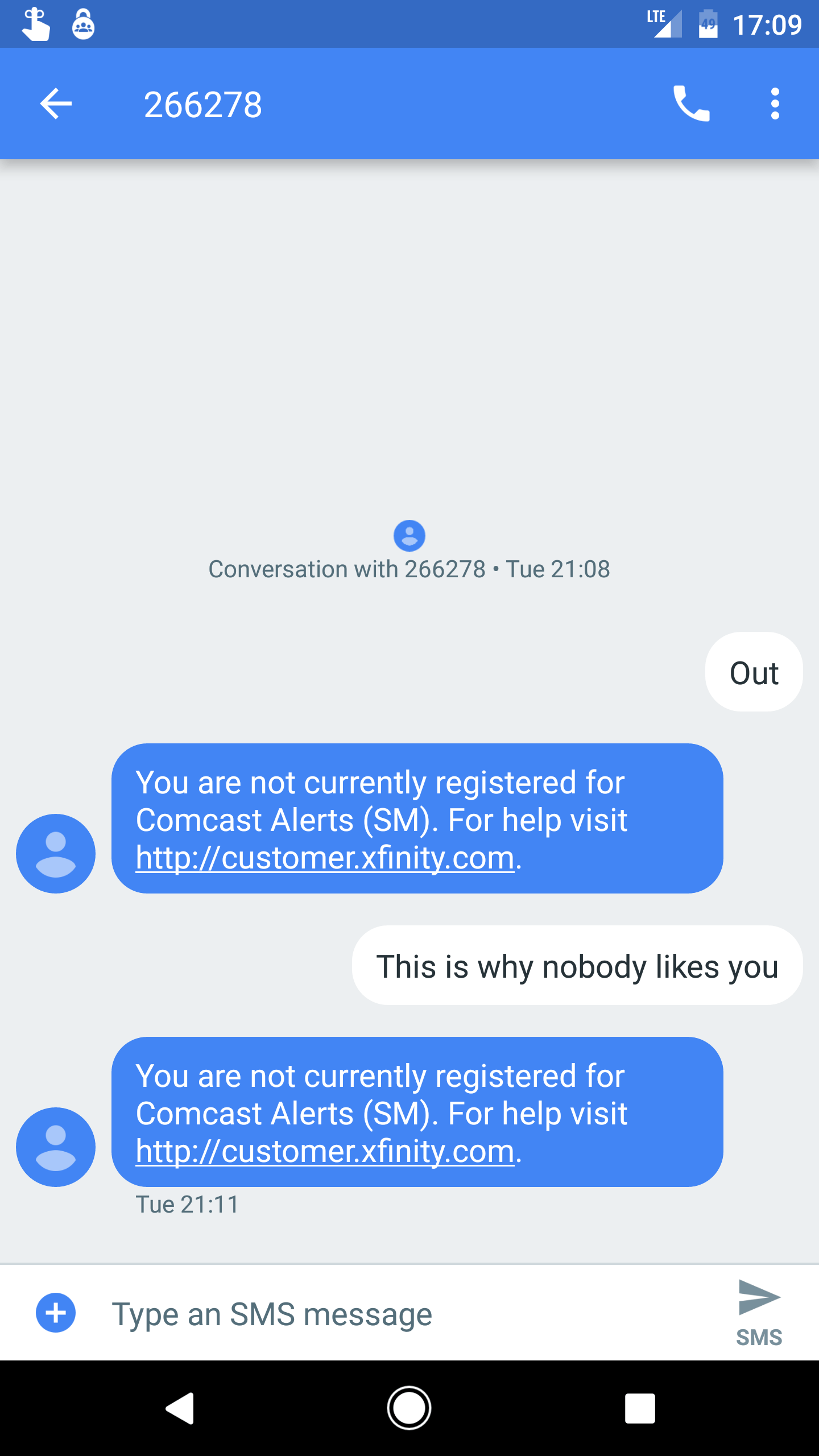 Tried to report an outage through their helpful sms number