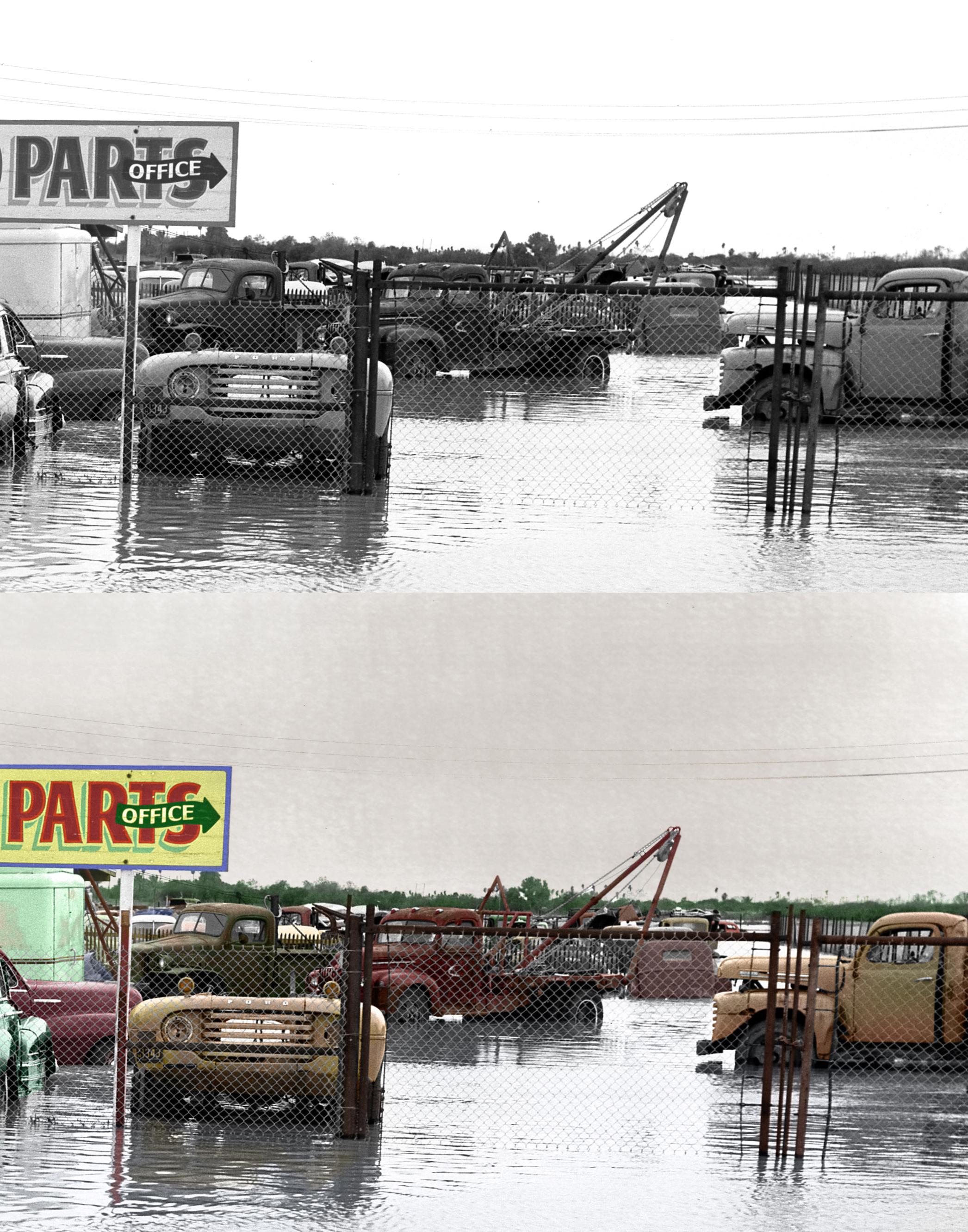 1954 Lone Star Auto Parts junkyard flooded after heavy rains in