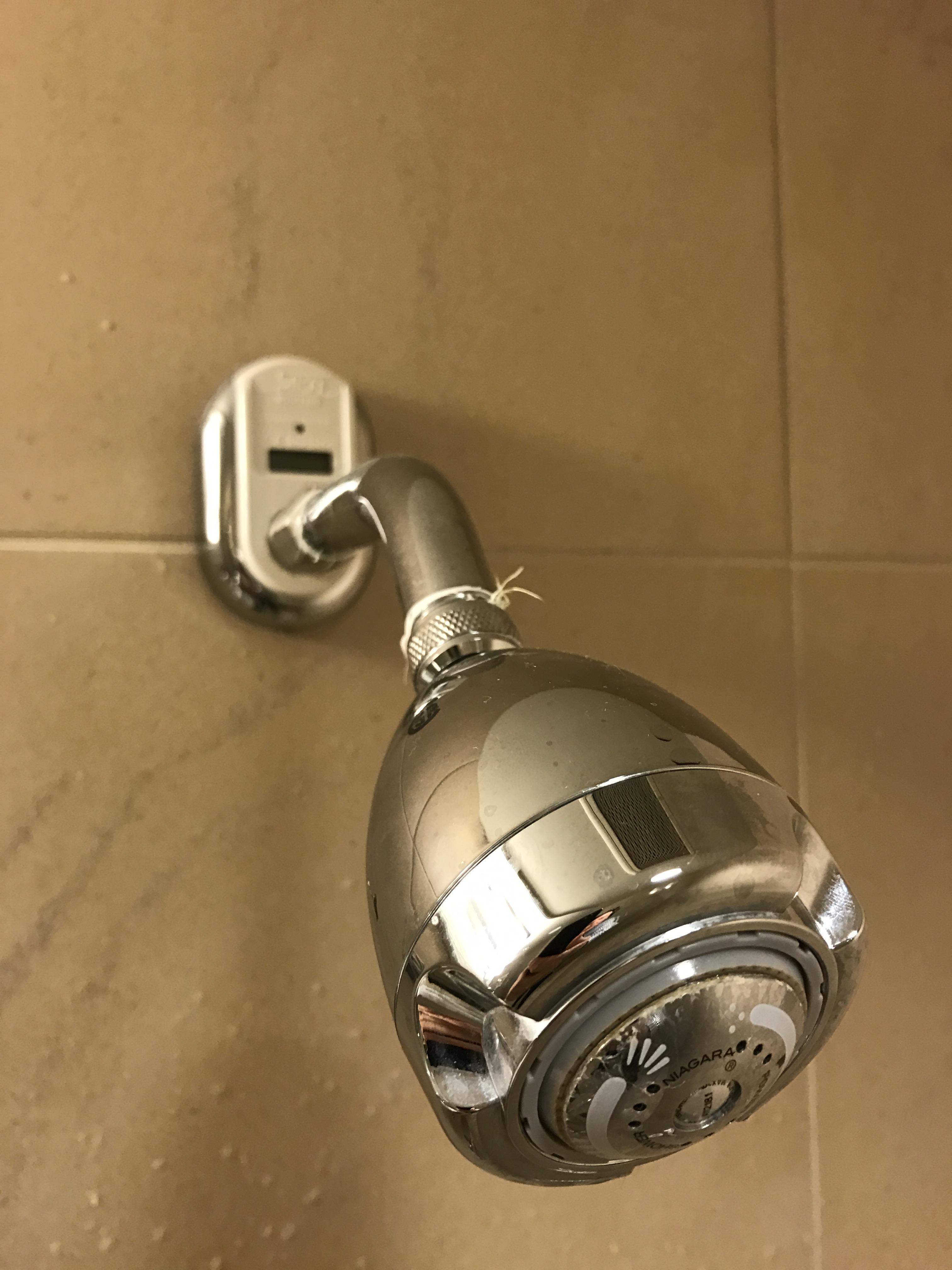The shower, faucet, and toilet in my California hotel bathroom all have tiny digital water usage
