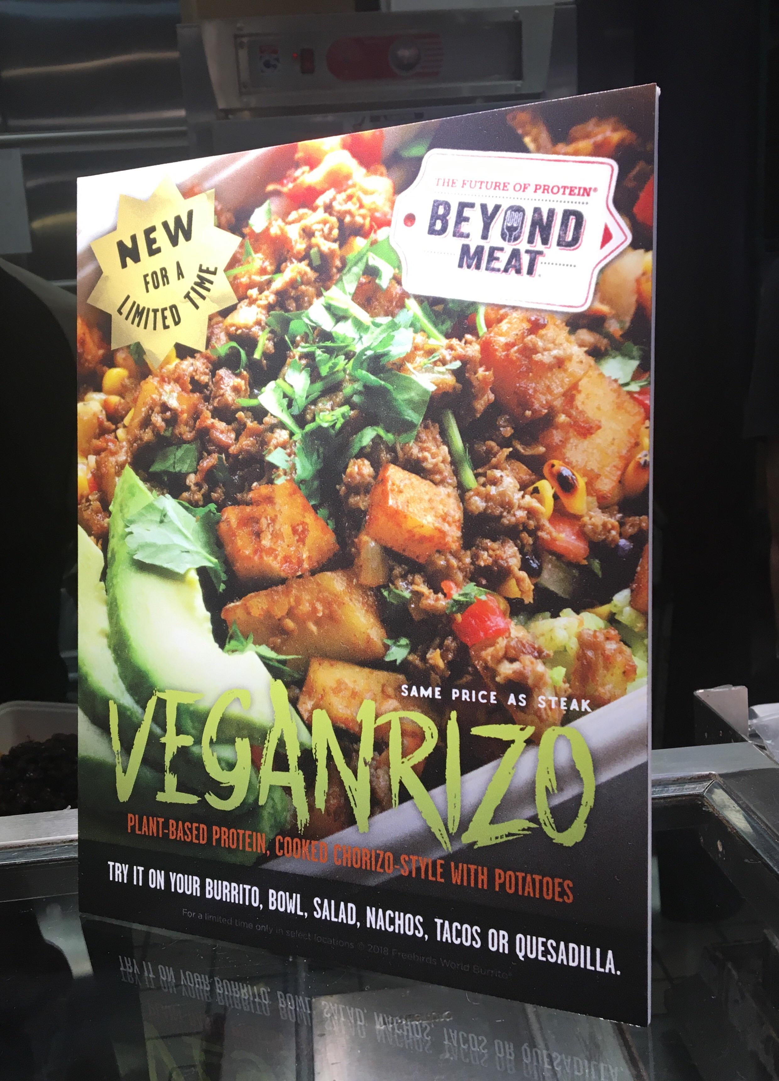 Freebirds is test running a new plant based protein, the "Veganrizo
