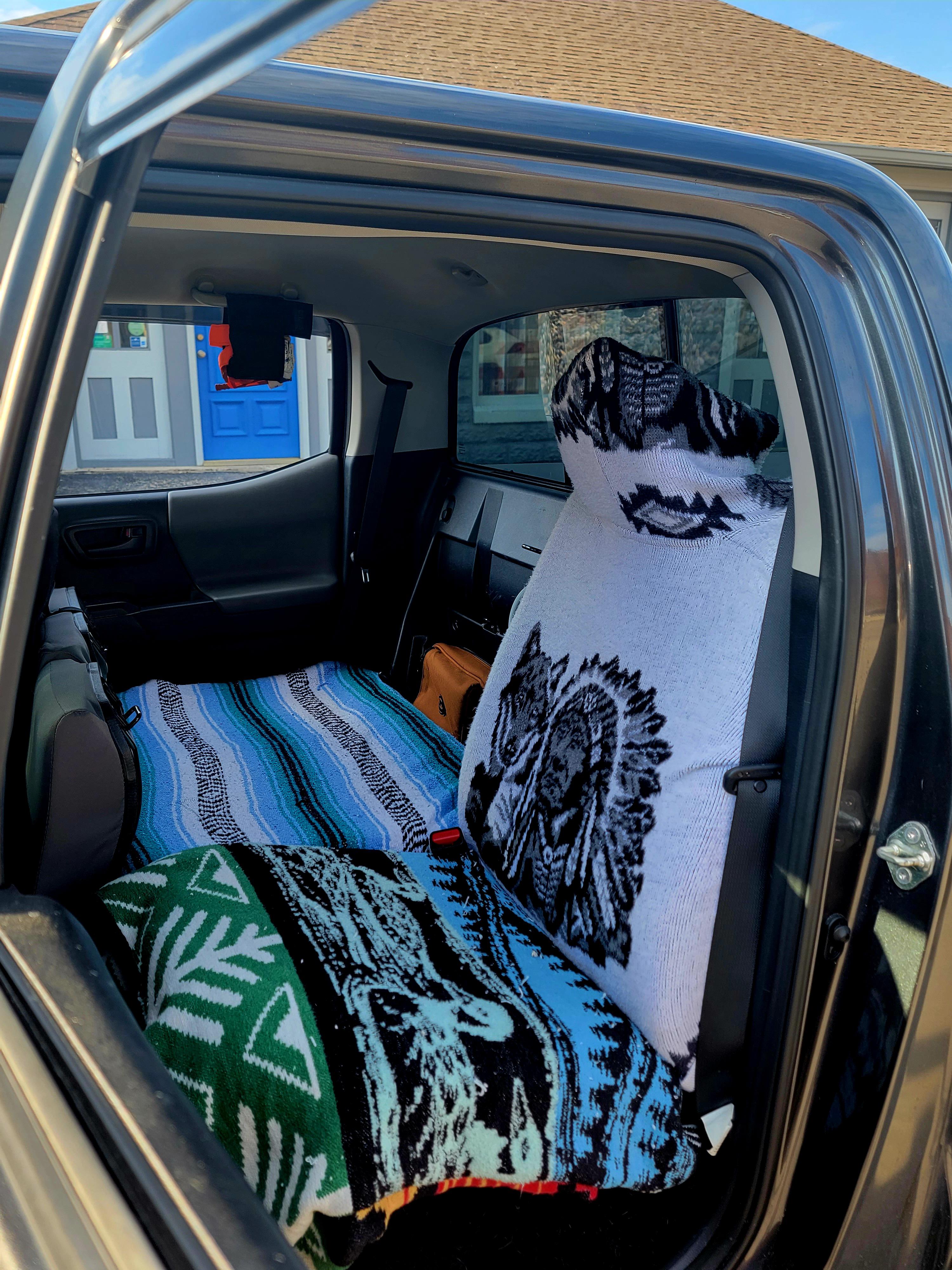 No backseat covers for me. Just old blankets and a jacket from Goodwill