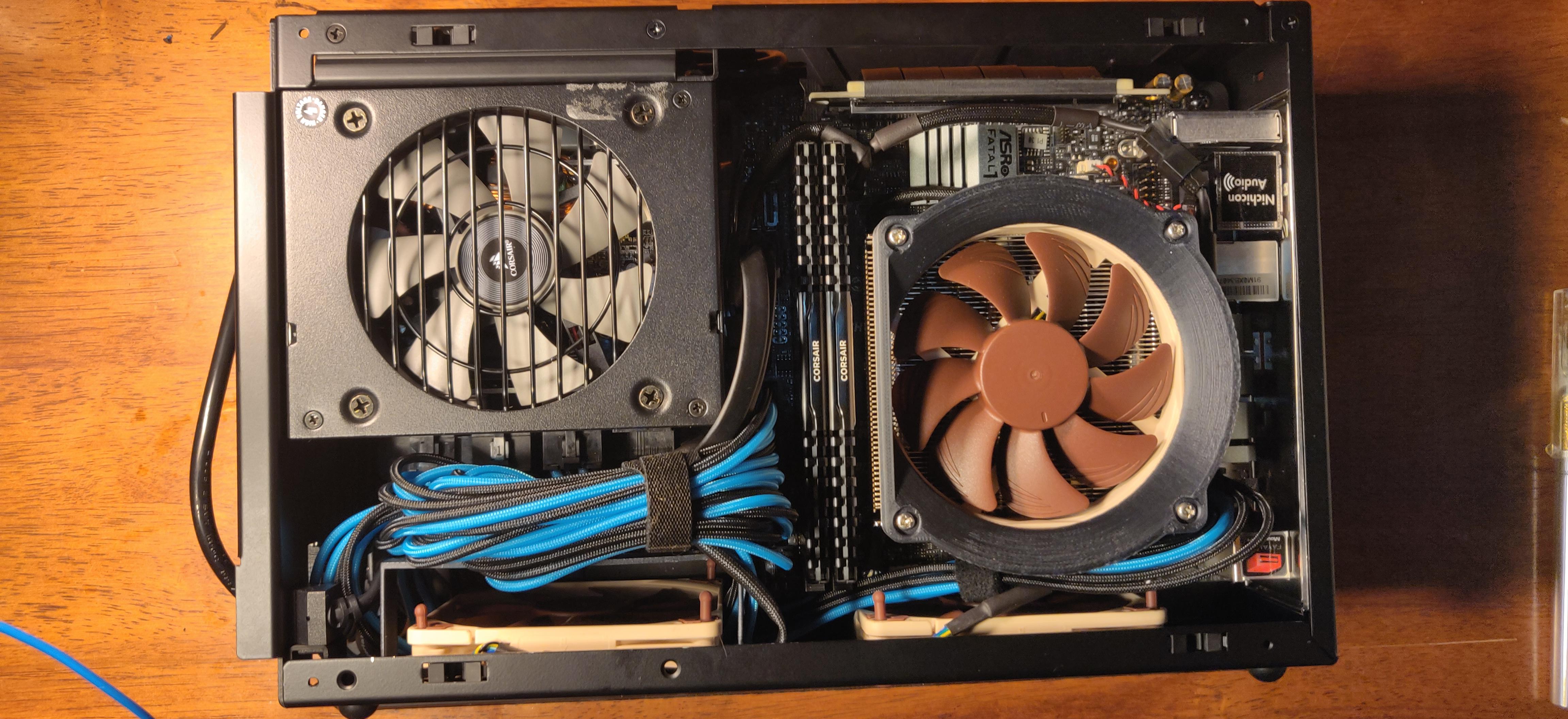 My crowded Dan A4 with 3d printed CPU fan mod and custom designed