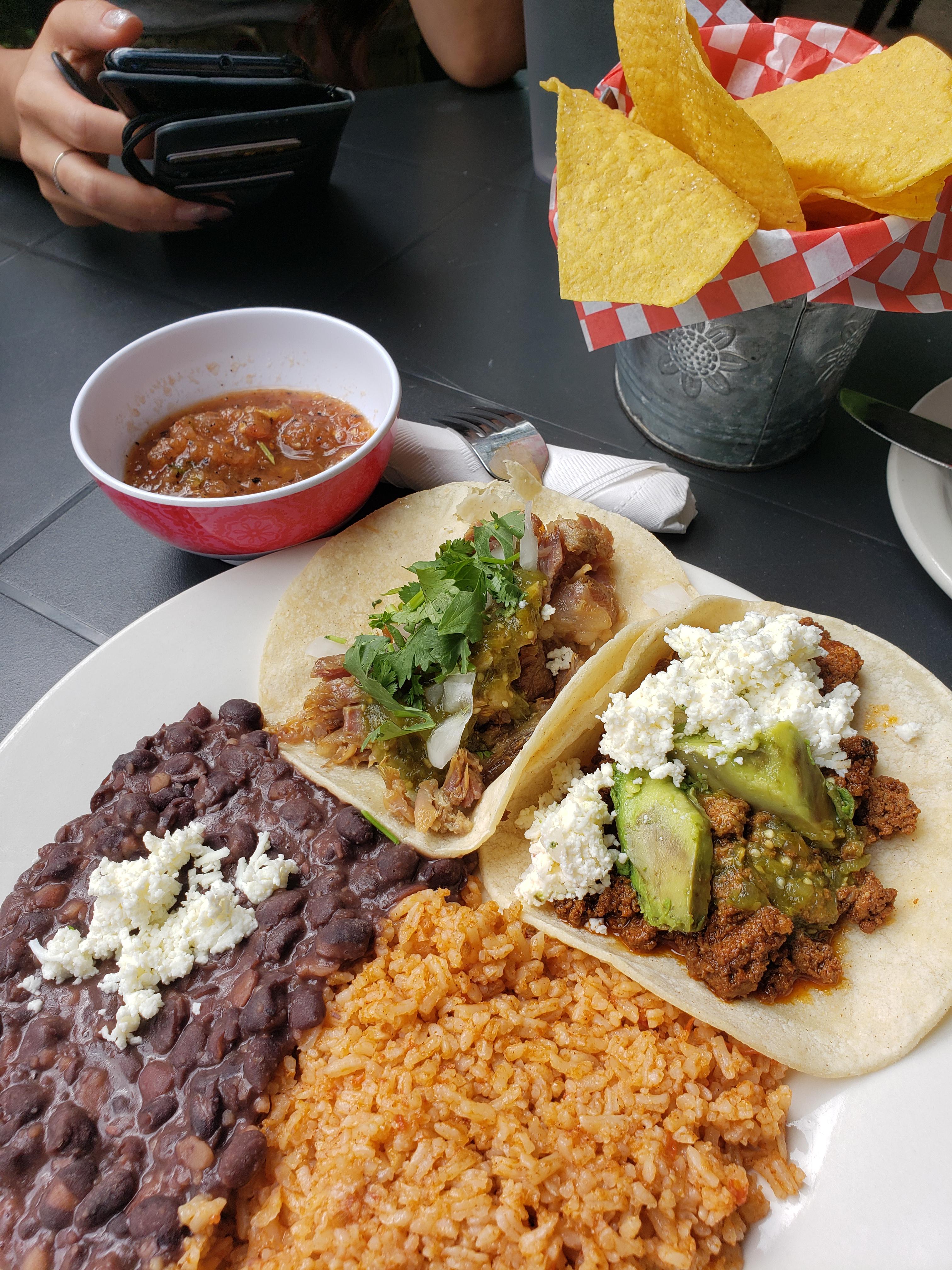 [I ate] tacos with rice and beans and tortilla chips with salsa! r/food