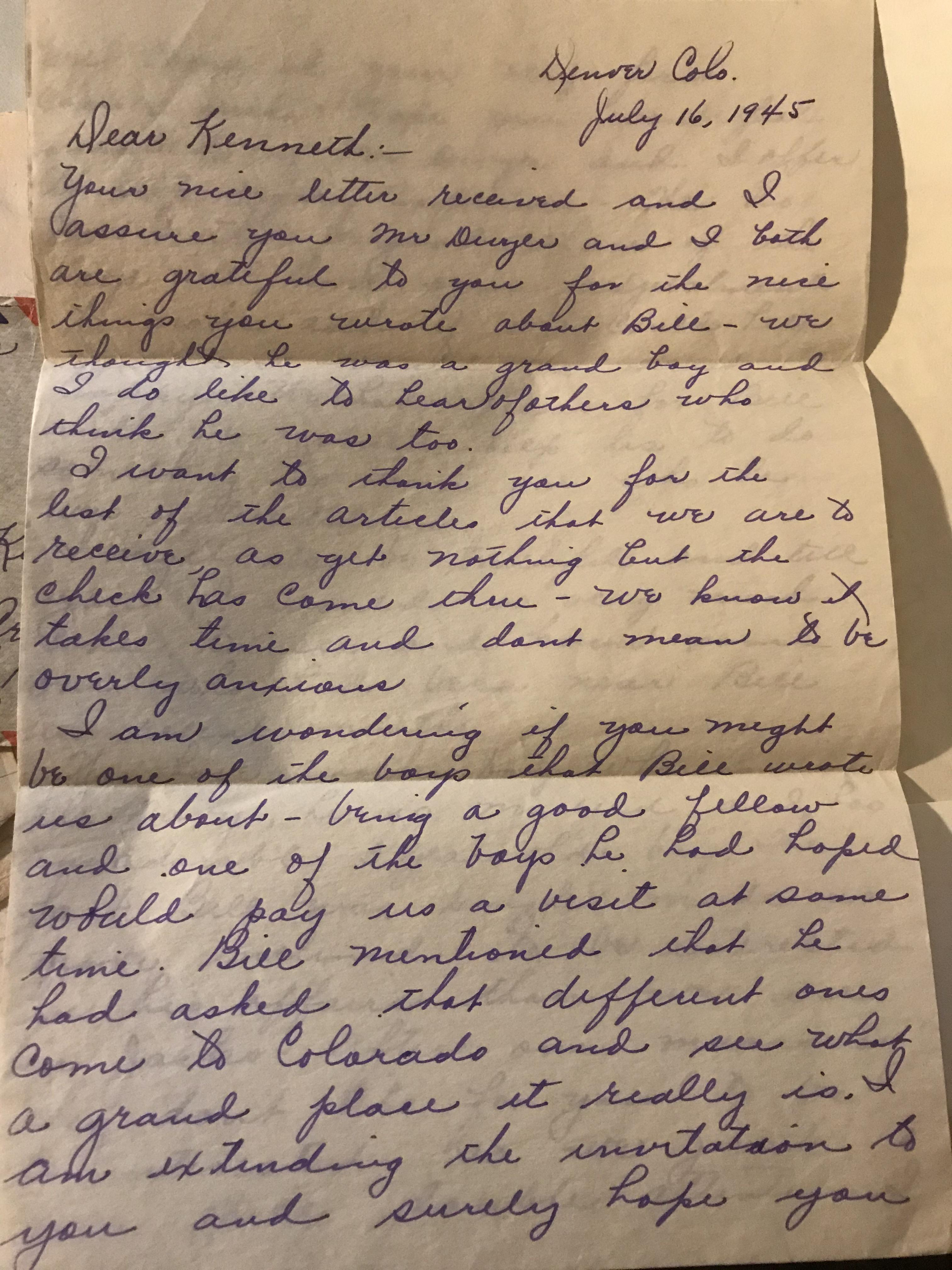 Letter from a deceased WWII soldier’s parents to their son’s army