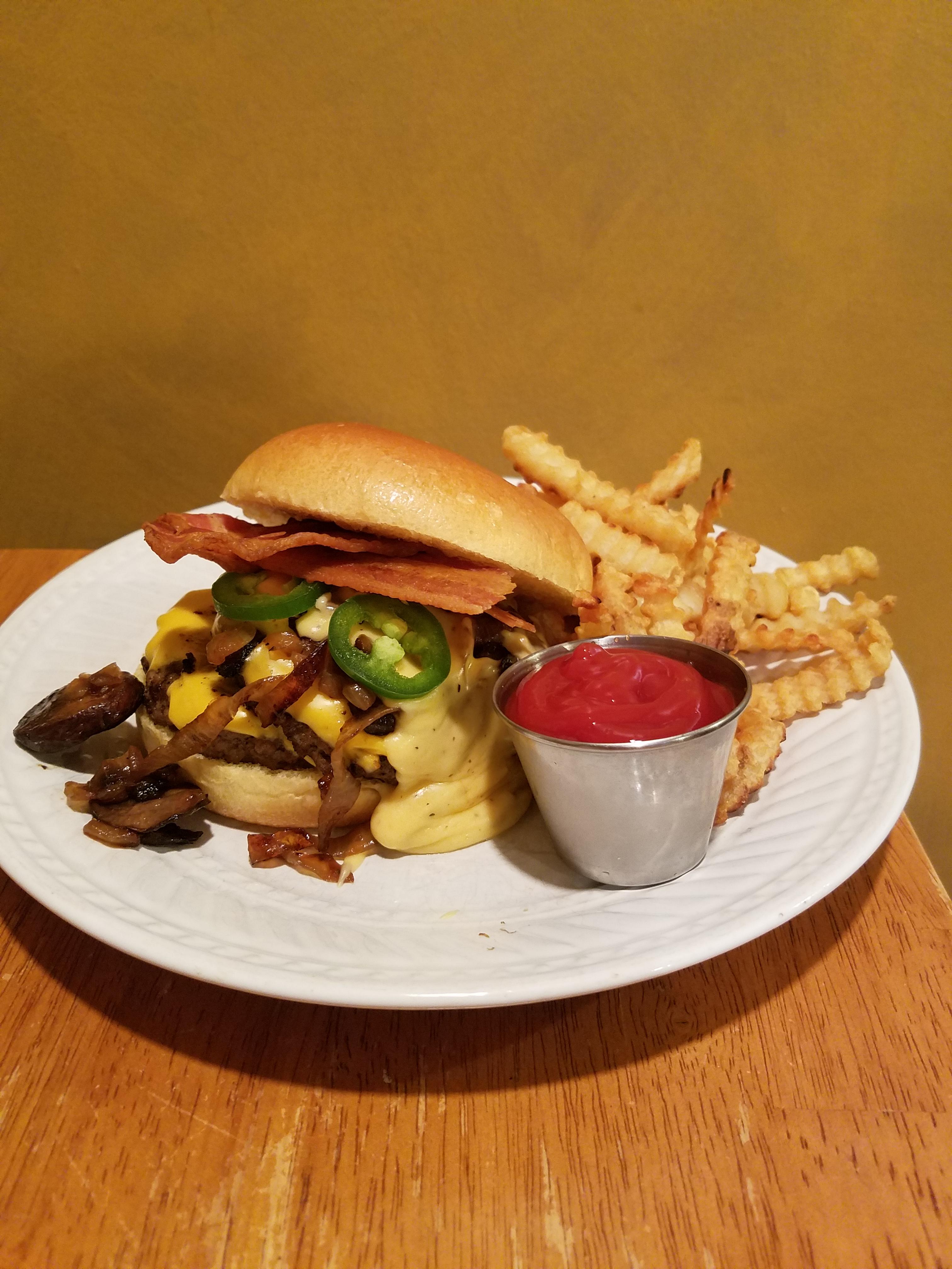 [Homemade] double beer cheese burger with jalapenos, sauteed onions