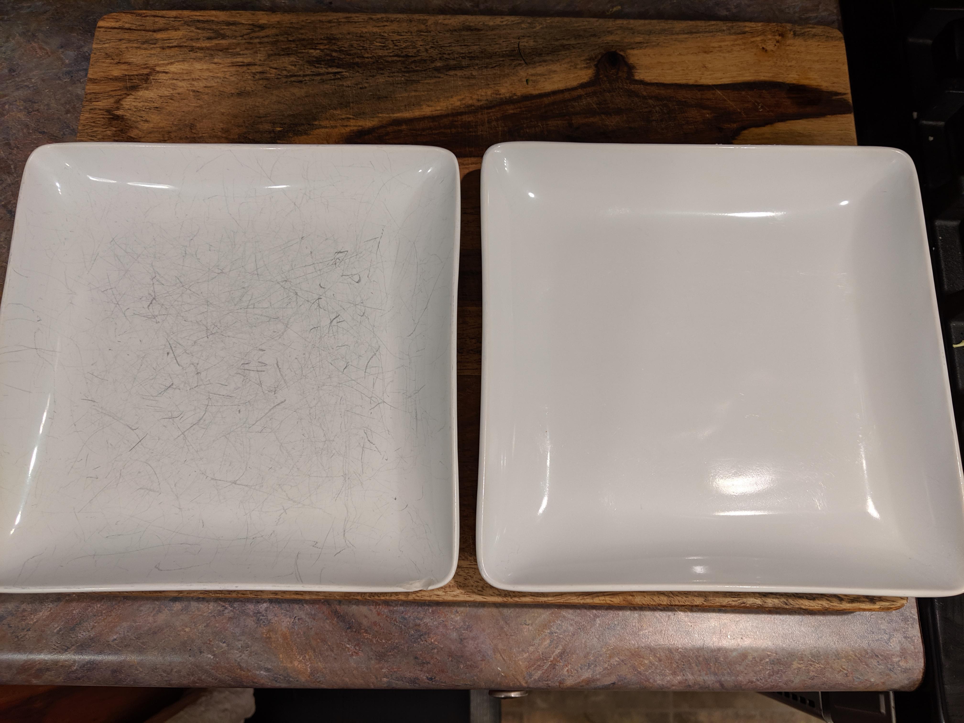 Before/After Barkeeper's Friend to remove silverware marks on ceramic