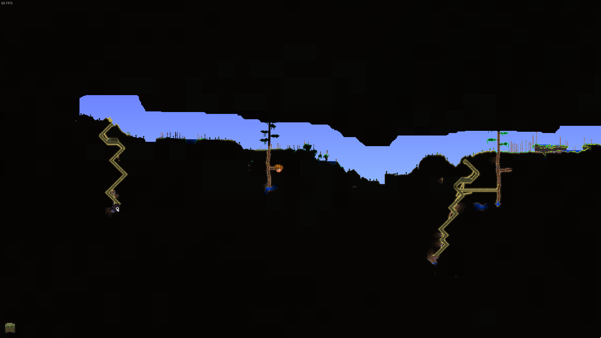 Two living wood trees with chests and two desert temples all right next