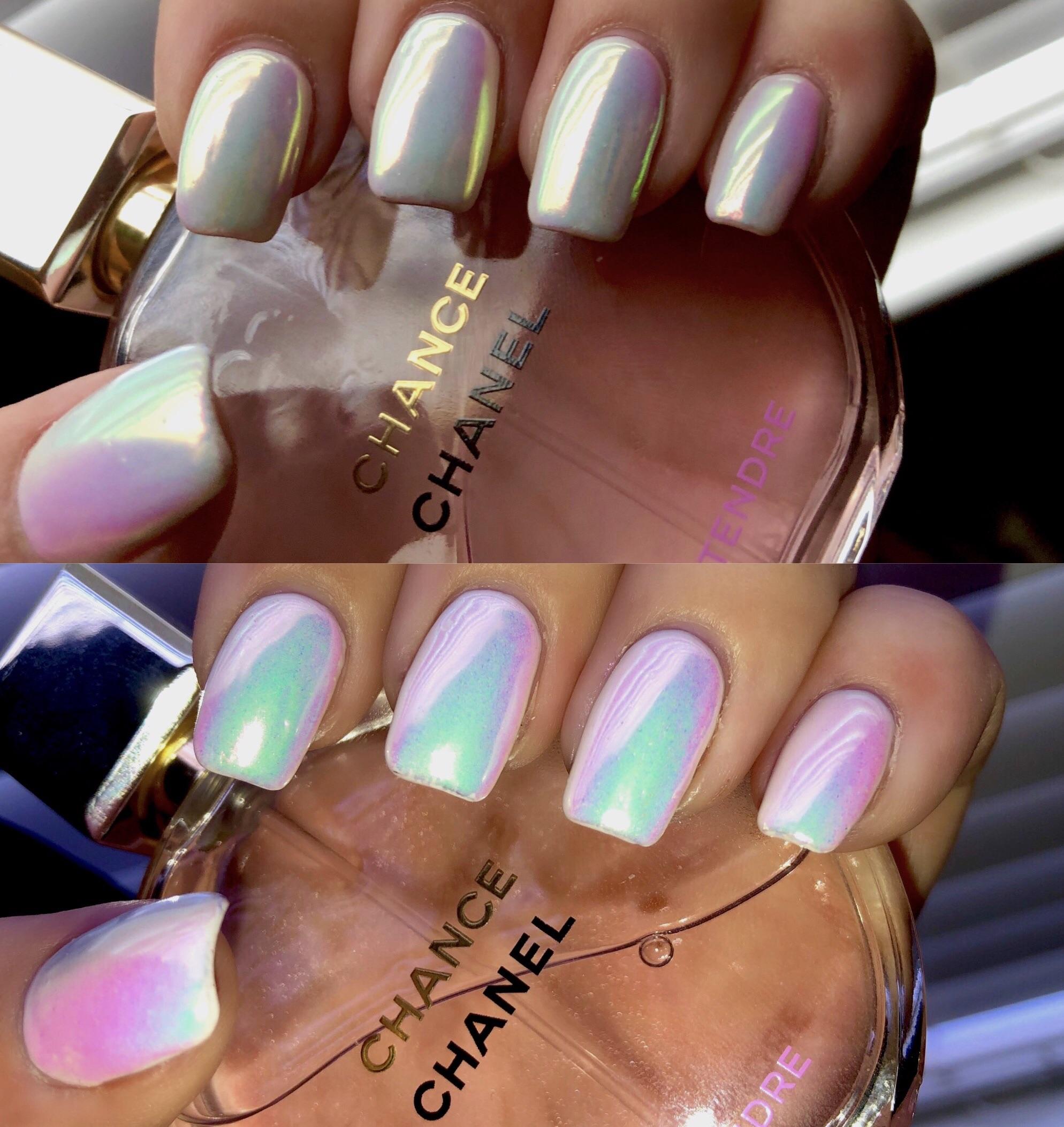 White gel polish with chrome powder turned it into an opalescent color