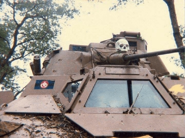 Ratel 20 with a scull above cabin. Ratel is armed with 20mm autocannon