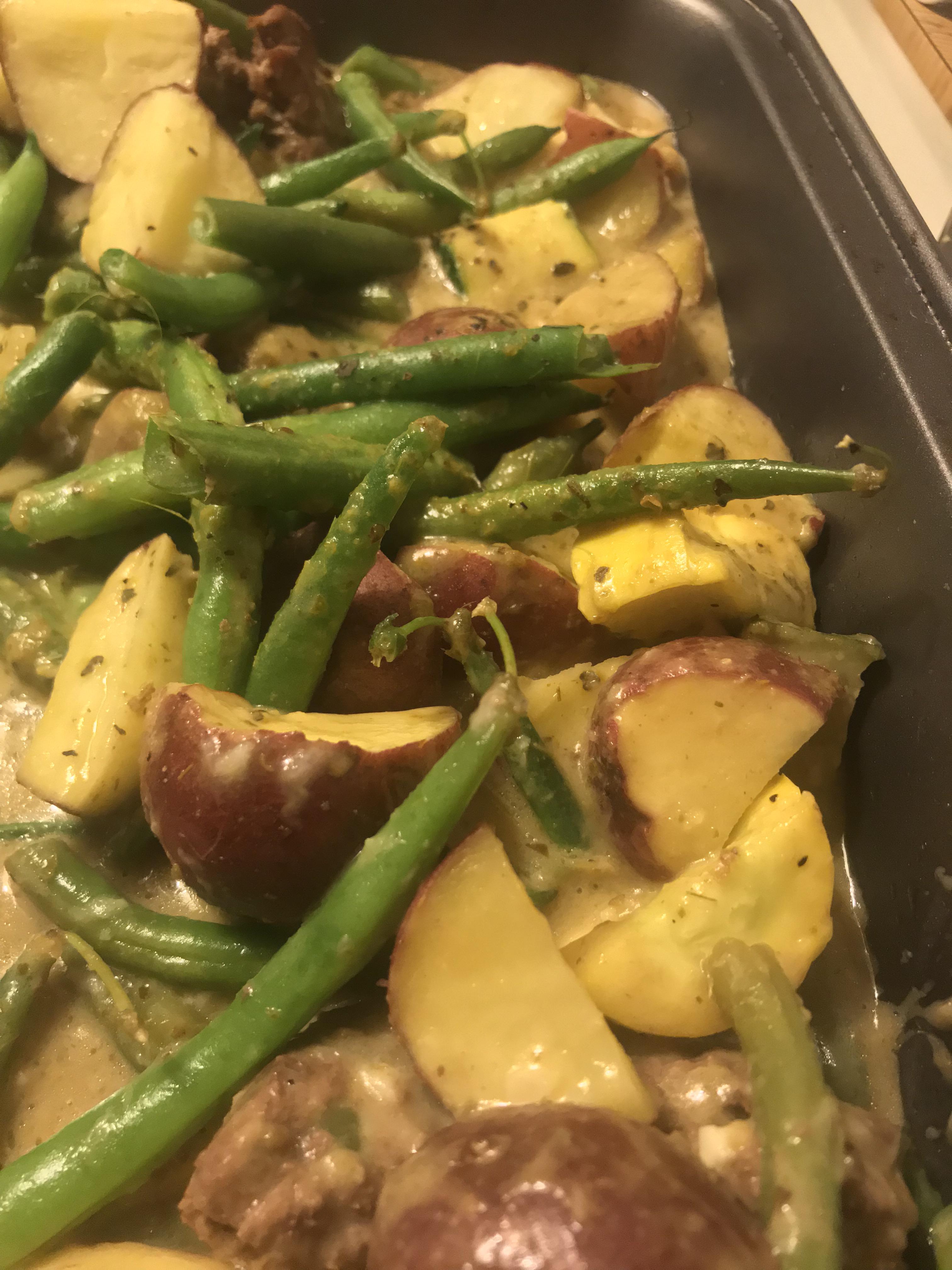 Made coconut curry with ground beef , green beans , red potatoes and