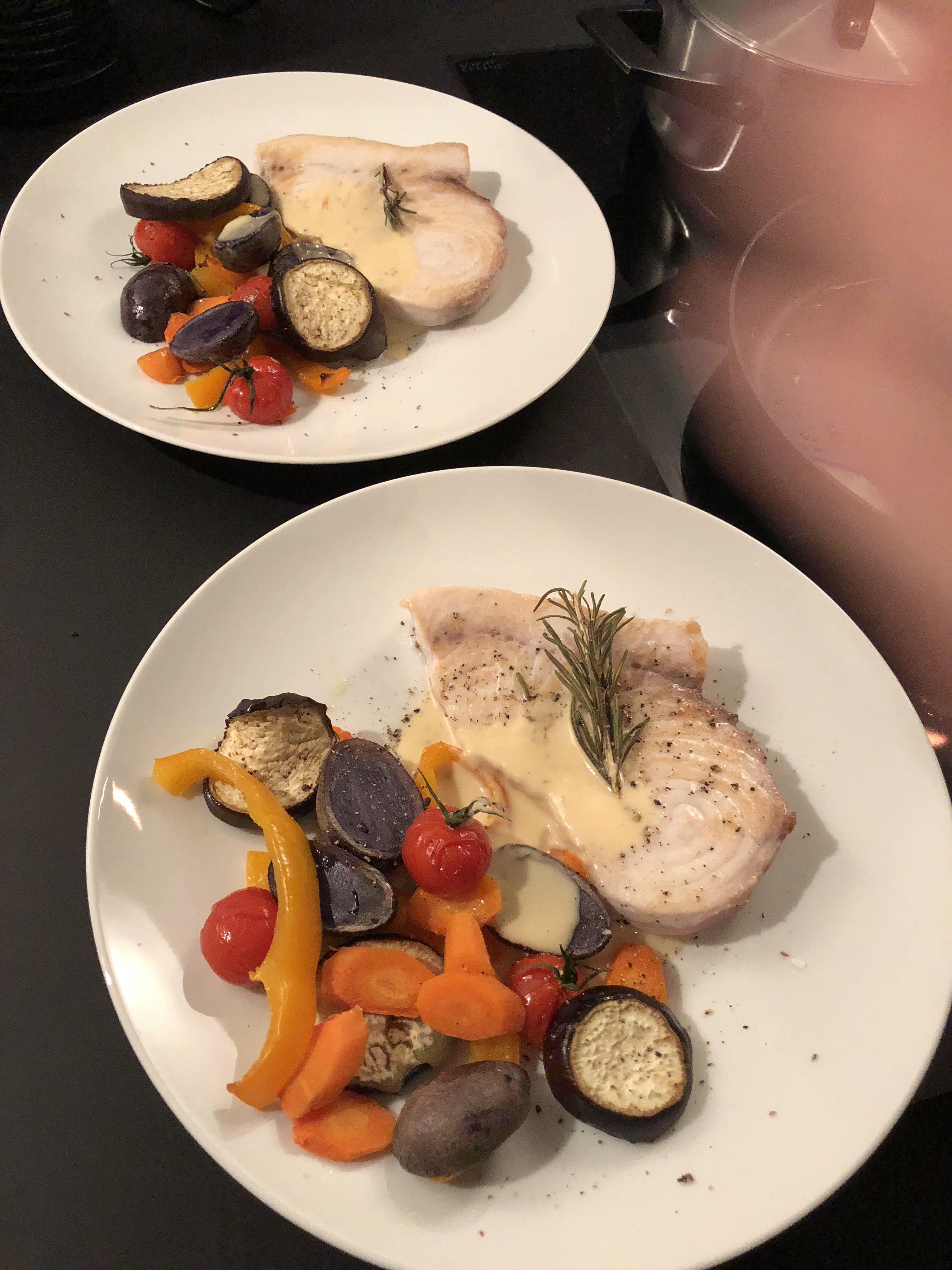[homemade] swordfish steak with Mediterranean rosemary vegetables and