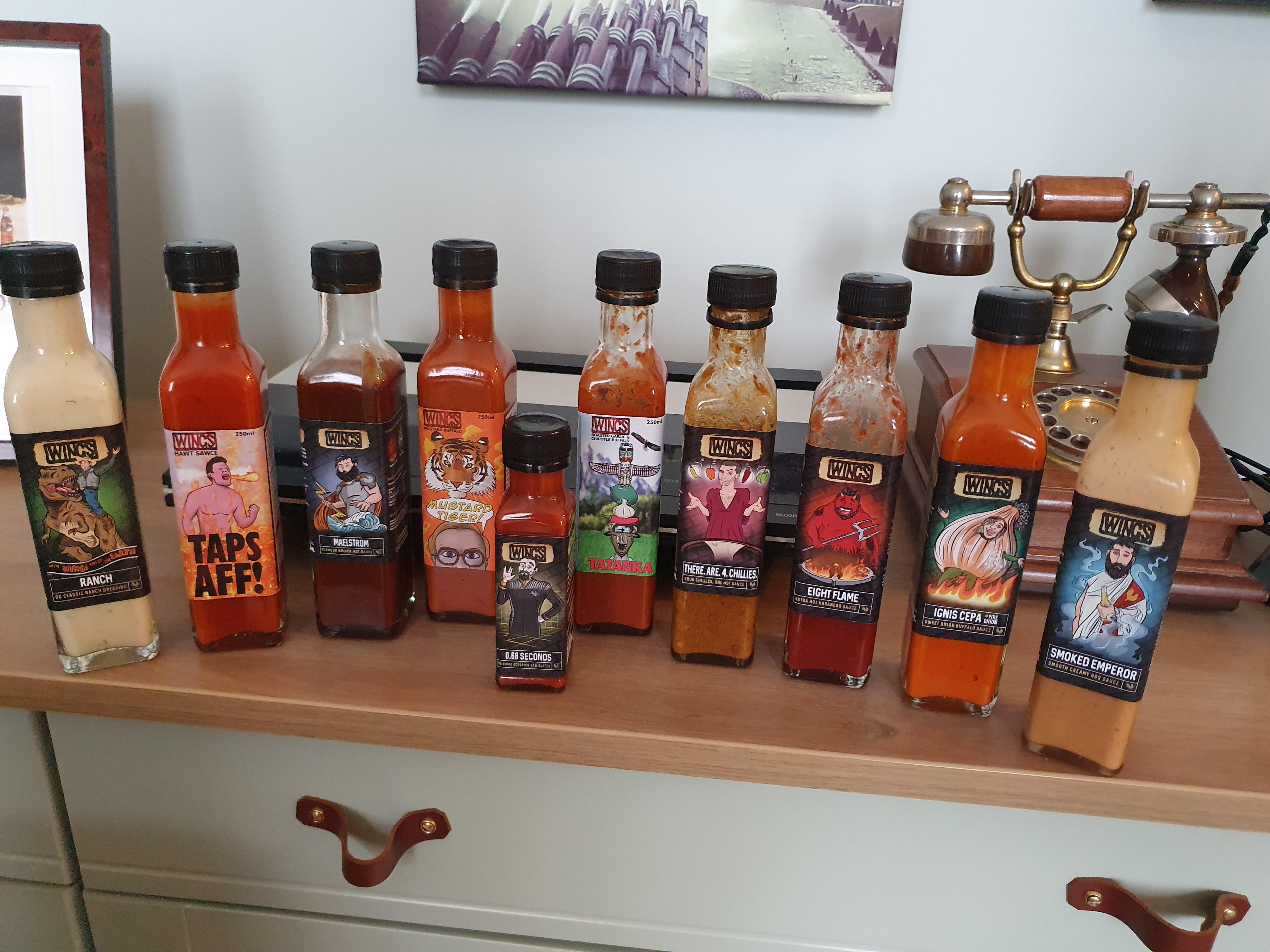 A collection of Scottish hot sauces from an Edinburgh hot sauce shop