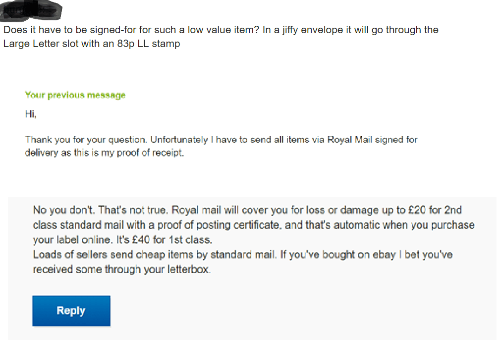 Potential buyer complaining I won't post via an untracked postage