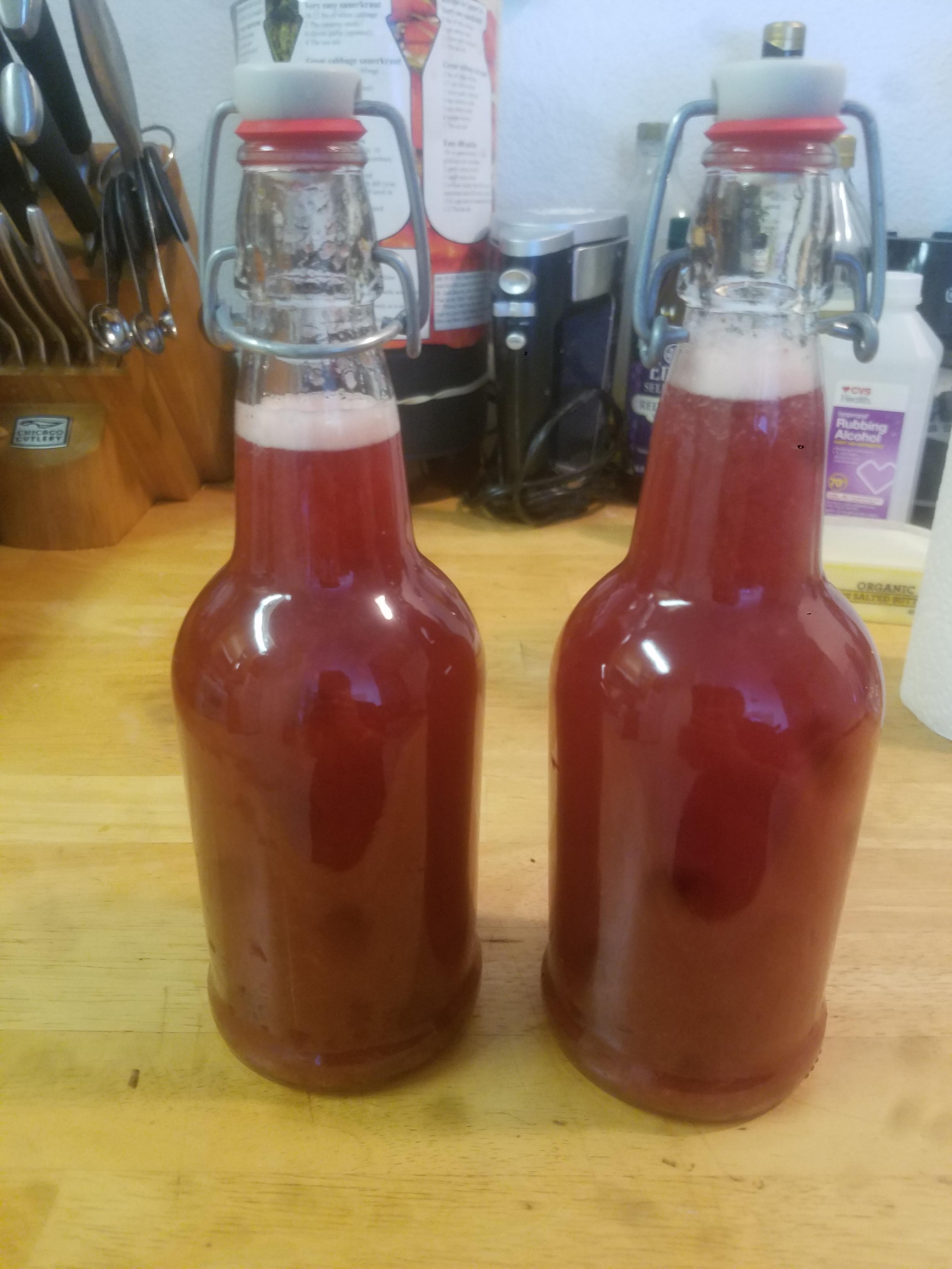 Strawberry, blackberry, ginger, lemon kombucha. Im a new brewer and