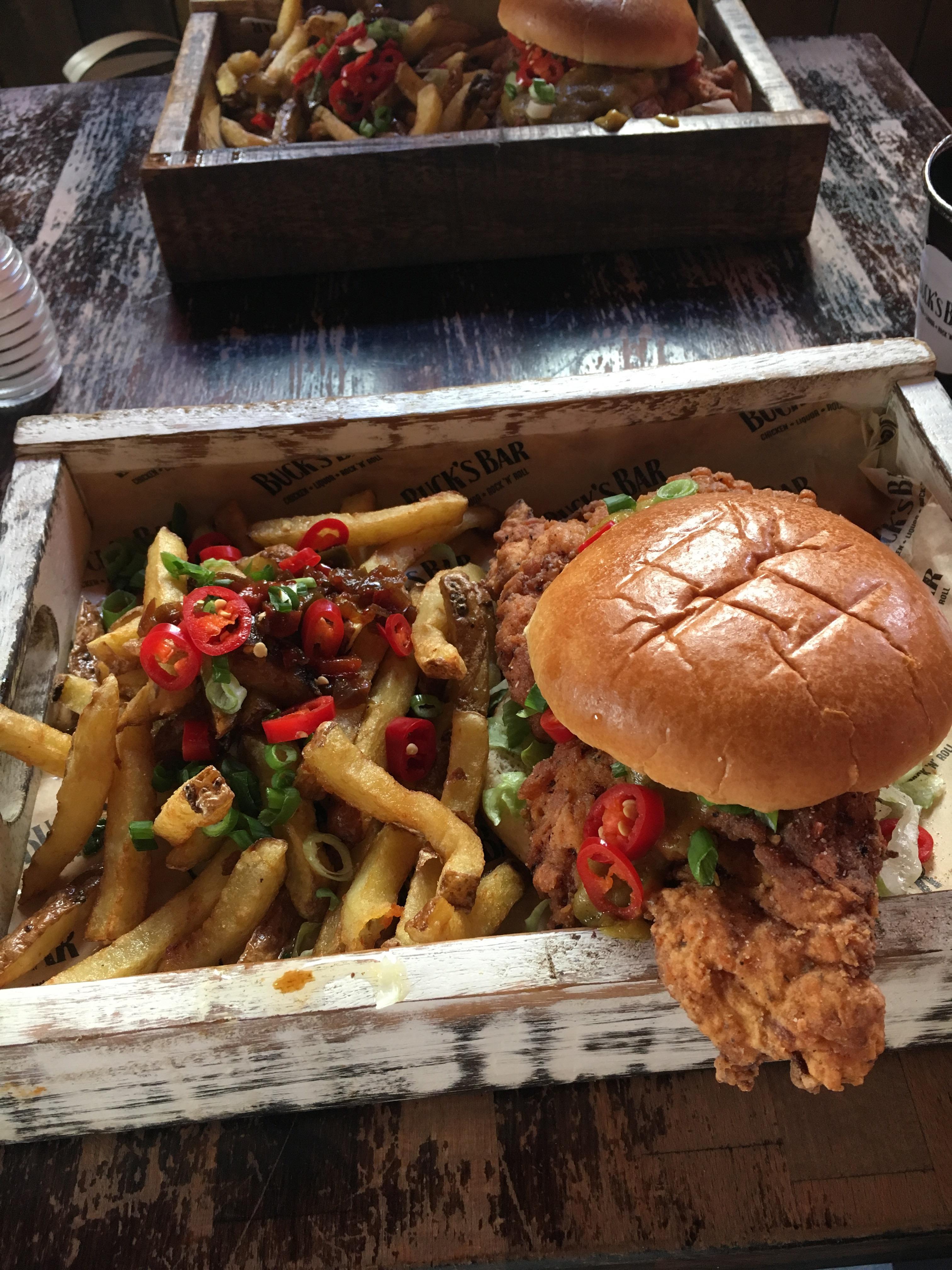 Salt n chilli chicken burger with salt n chilli chips (curry sauce on