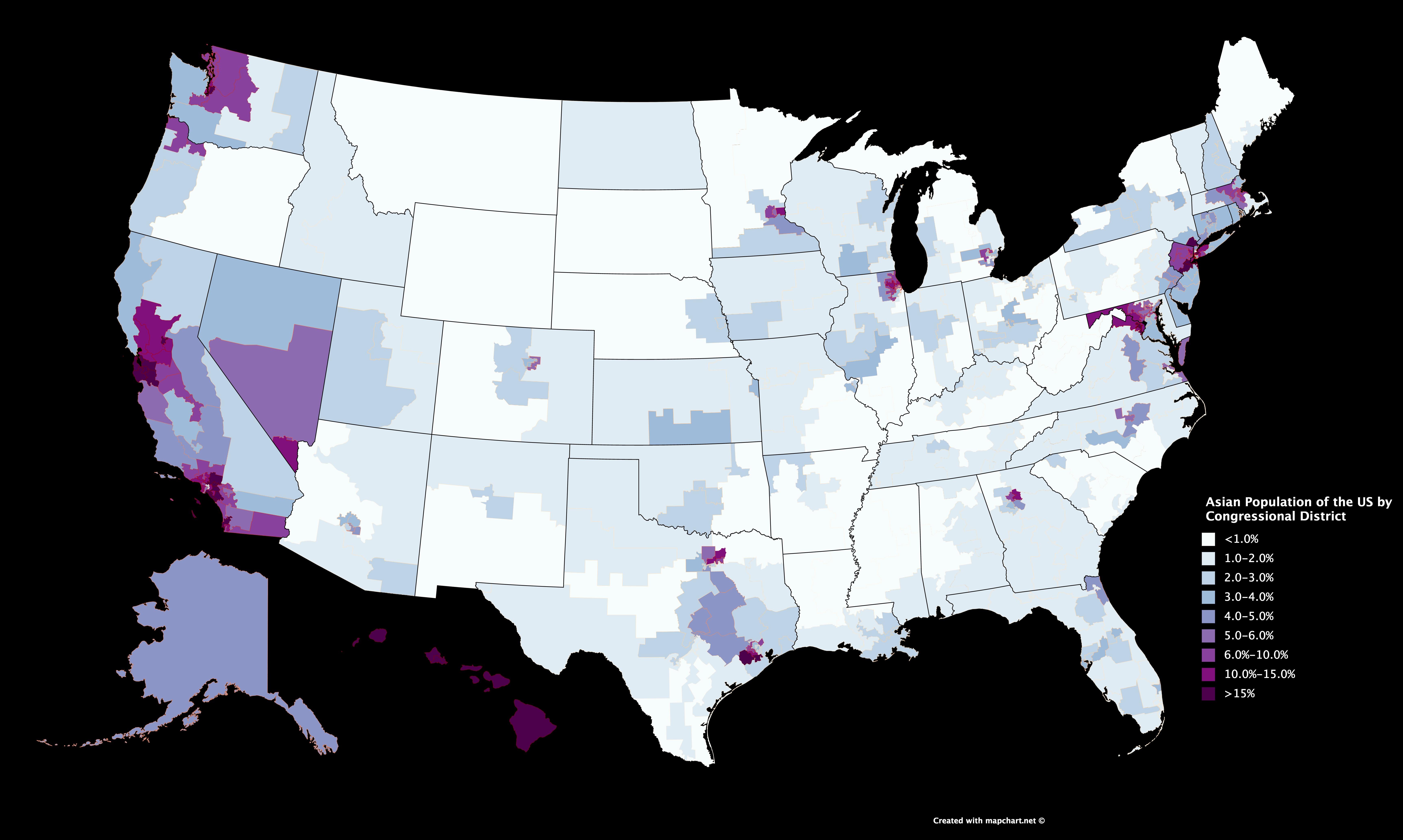 Asian population of the US by congressional district r/MapPorn