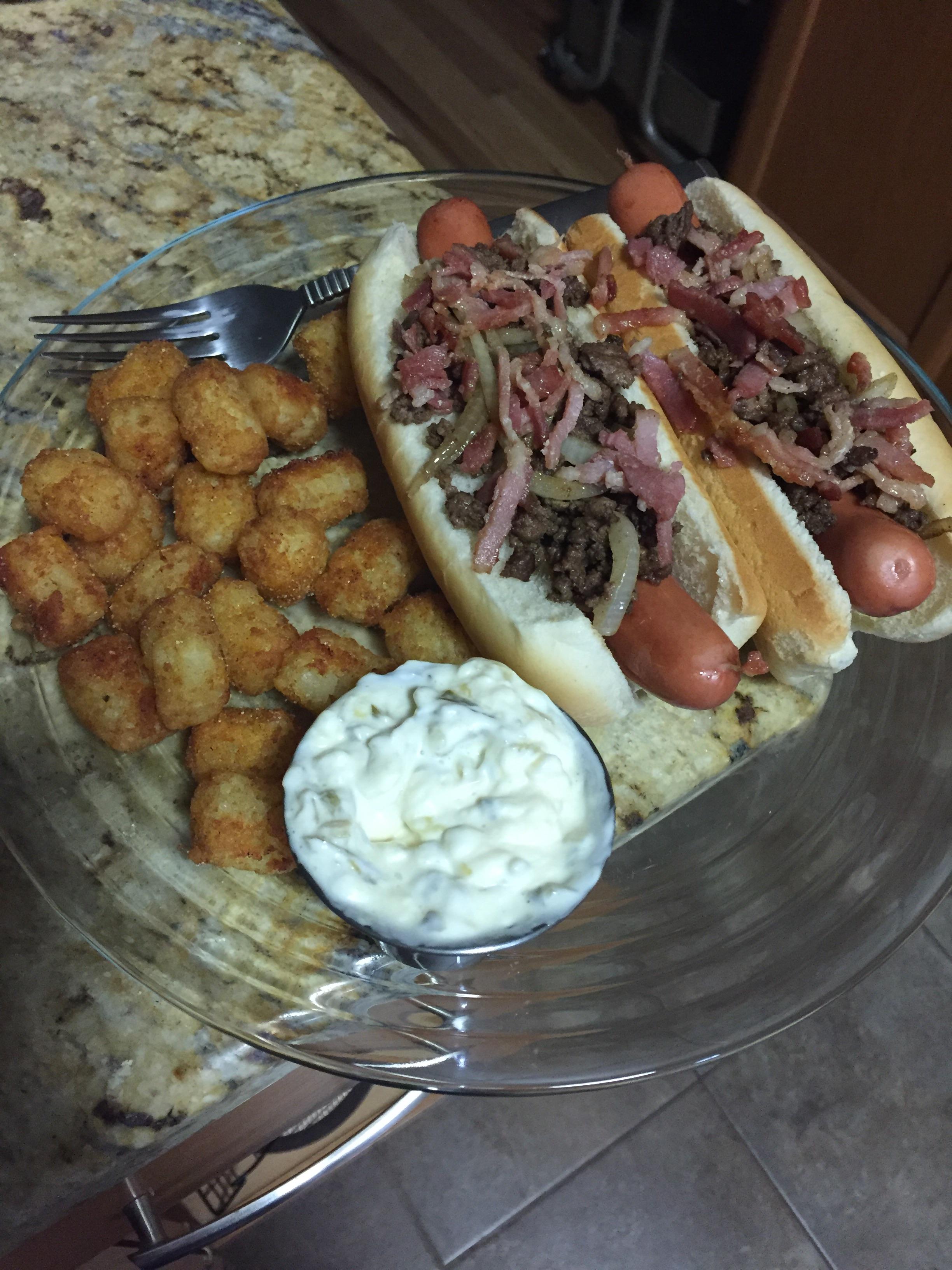 [Homemade] Hot dogs covered in seasoned beef, sauteed onions and bacon
