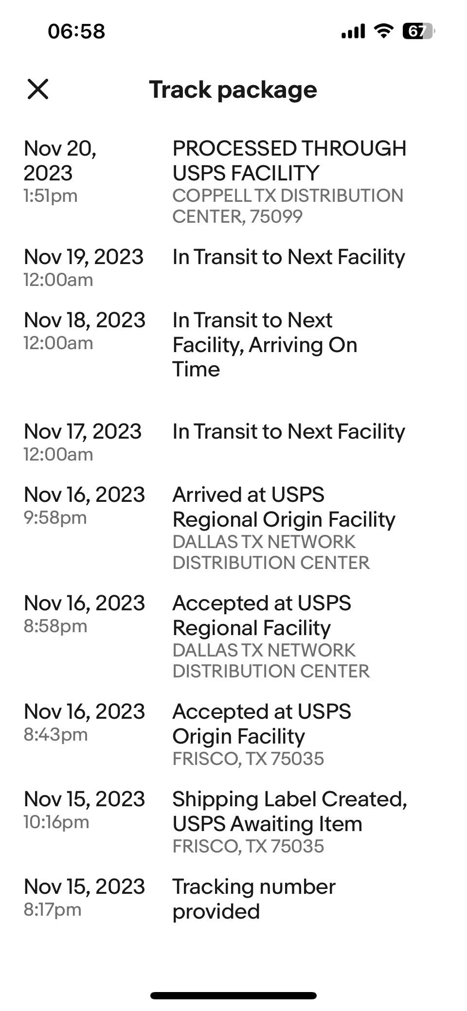 Estimated arrival was yesterday. In 5 days it hasn’t left Texas (1500