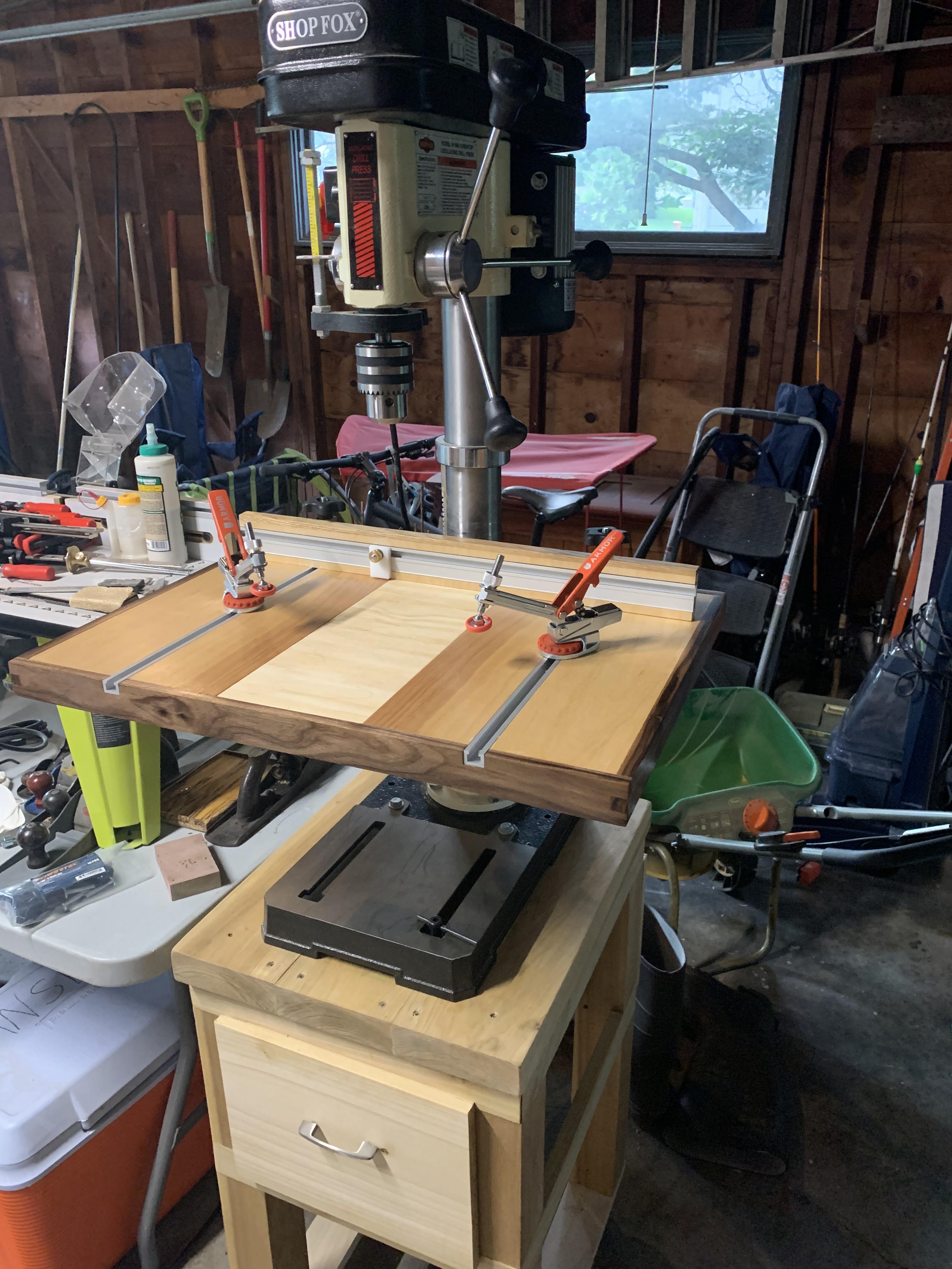 New drill press table, birch plywood with walnut trim. r/woodworking