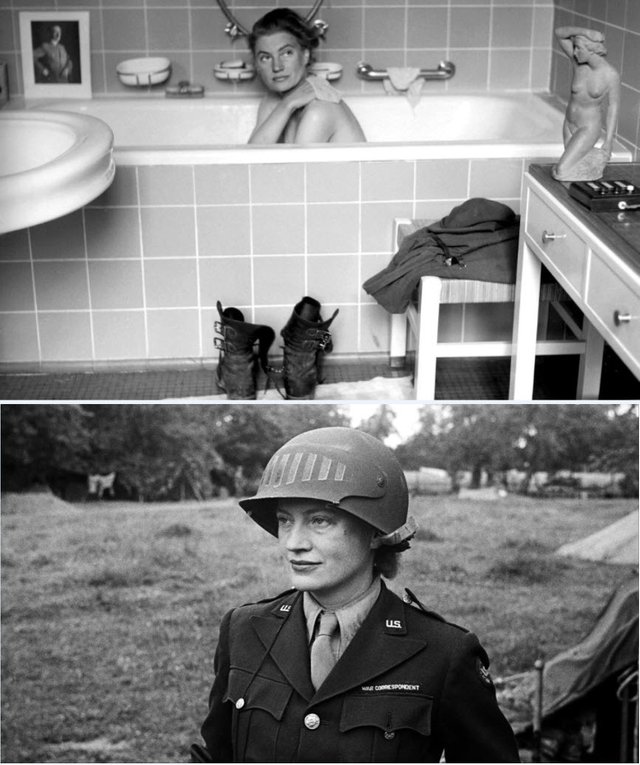 Former Vogue model, combat photographer, Lee Miller photographed in Hitler's bathtub, hours