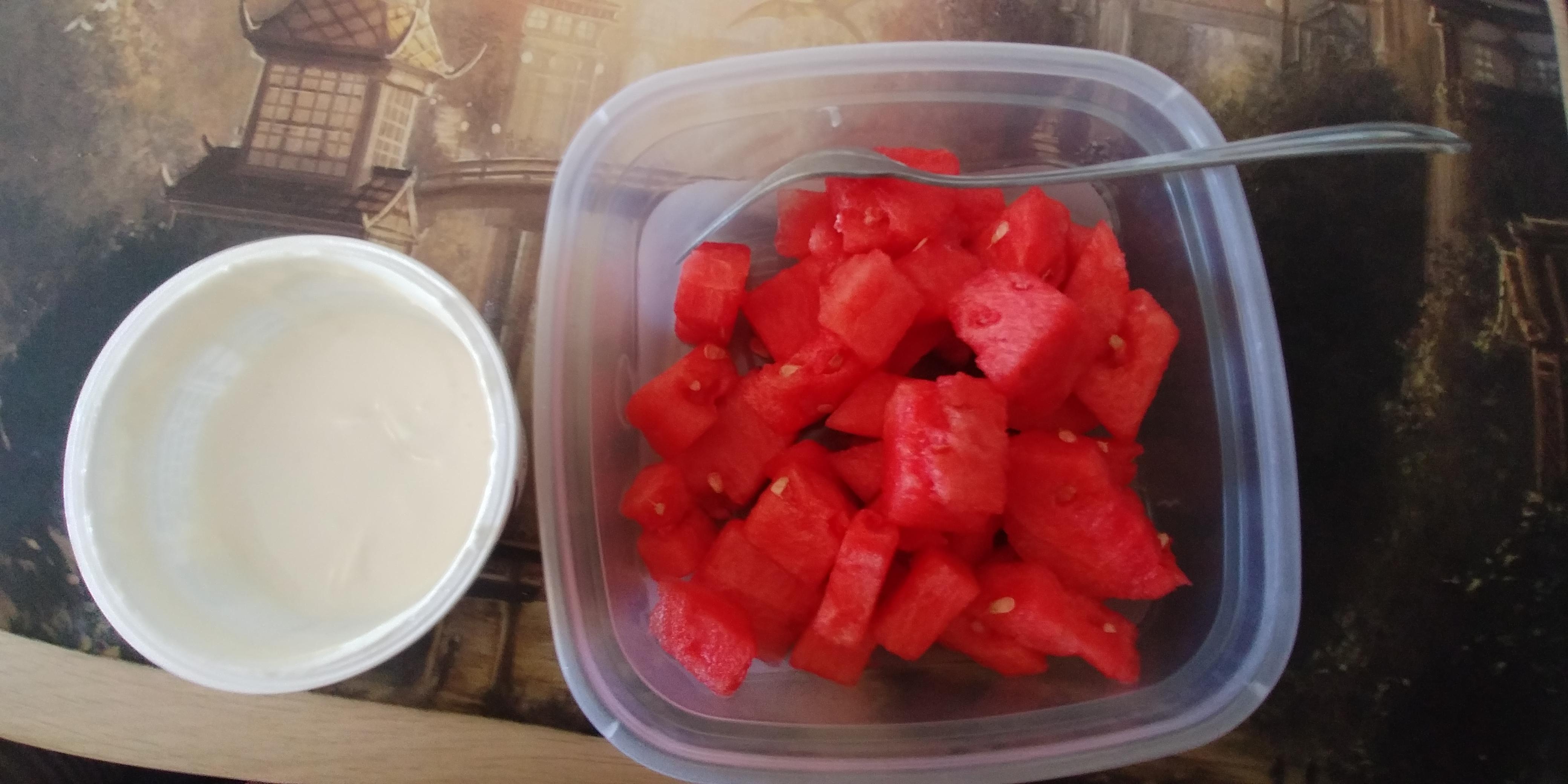 Chobani Vanilla Greek yogurt and 1lb watermelon an easy and refreshing summer breakfast. 240