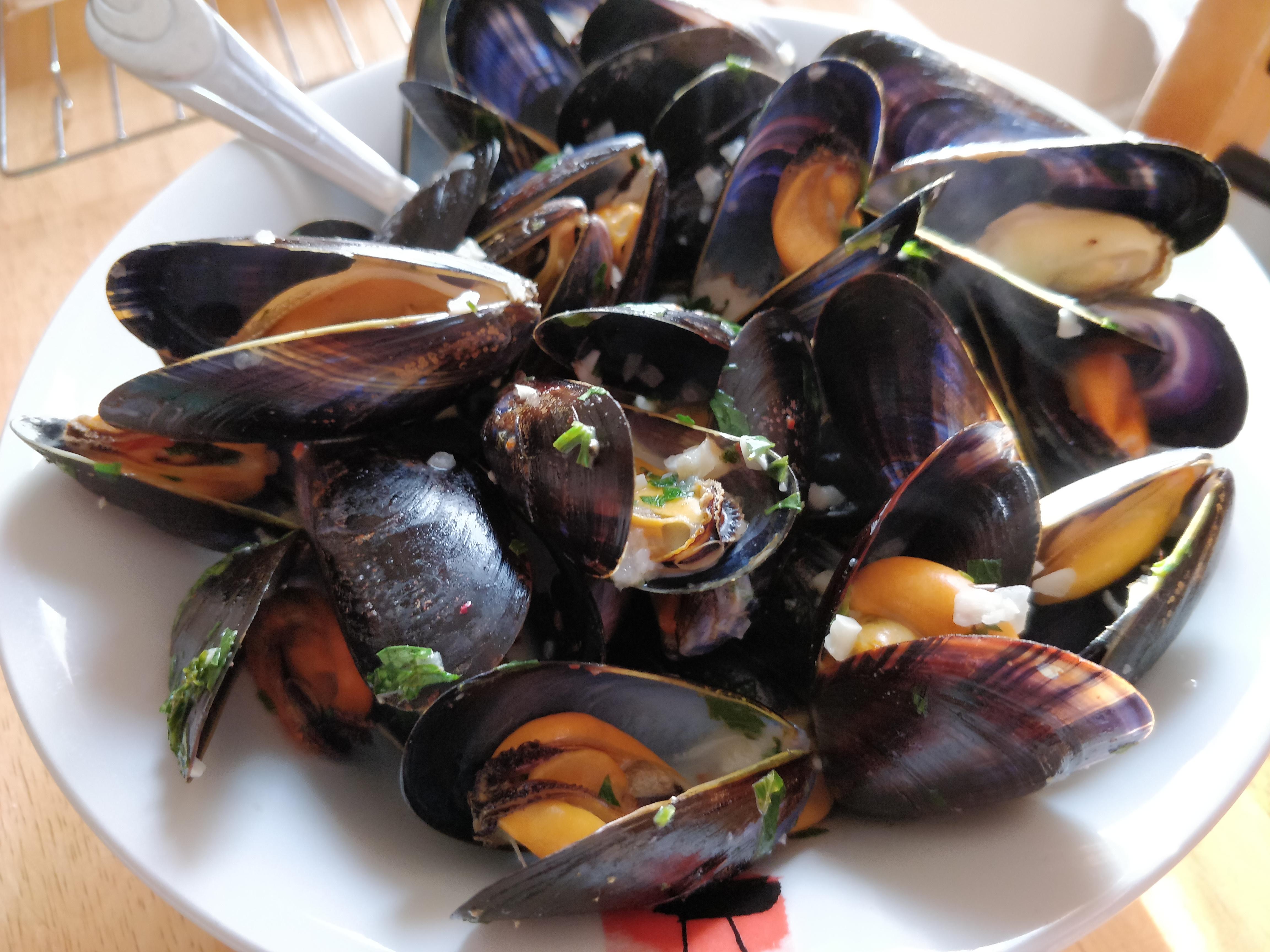 [Homemade] Steamed mussels in a garlic and white wine cream broth r/food